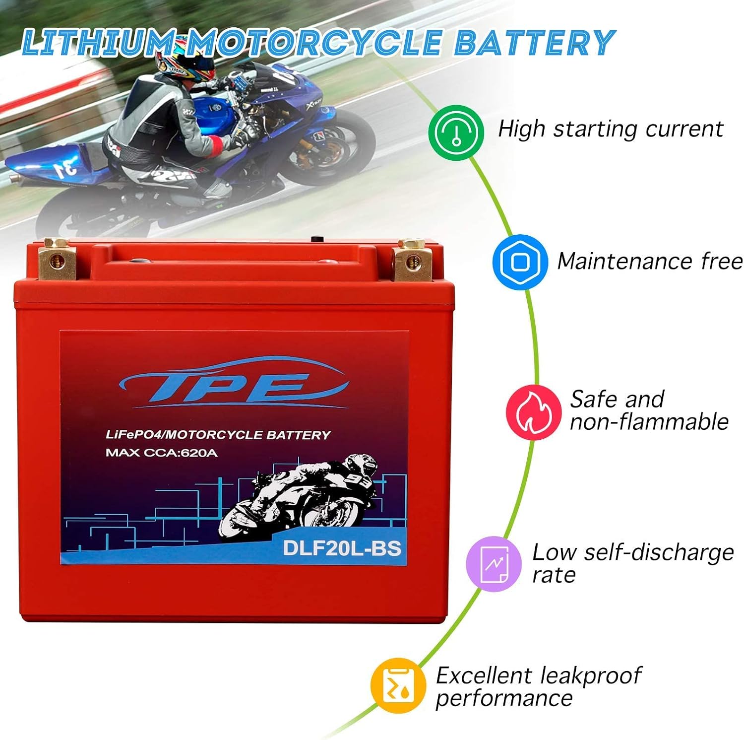 YTX20L Lithium Battery 12V 9Ah 620CCA LiFePO4 Motorcycle Battery, High Power, Lightweight, Maintenance Free, Replaces