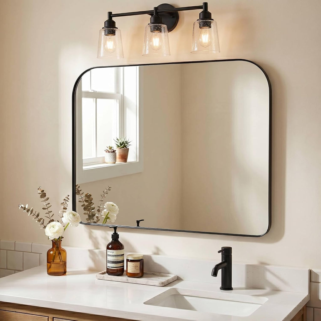 ANDY STAR 36x30 Matte Black Bathroom Vanity Mirror, Asymmetrical Soft Arch Rectangle Wall Mirror, Rust-Resistant Slim Stainless Steel Frame, Sleek 1-Inch Depth, Modern for Fireplace Mantel, Entryway