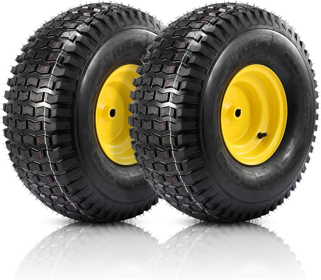 20x8.00-8 Rear Tire and Wheel Assemblies,4 Ply Tubeless Tire Compatible for Riding Lawn Mowers, 3/4' Borehole, 3.5' Offset Hub and 3/16' Keyway, 905lbs Capacity, 2 Pack