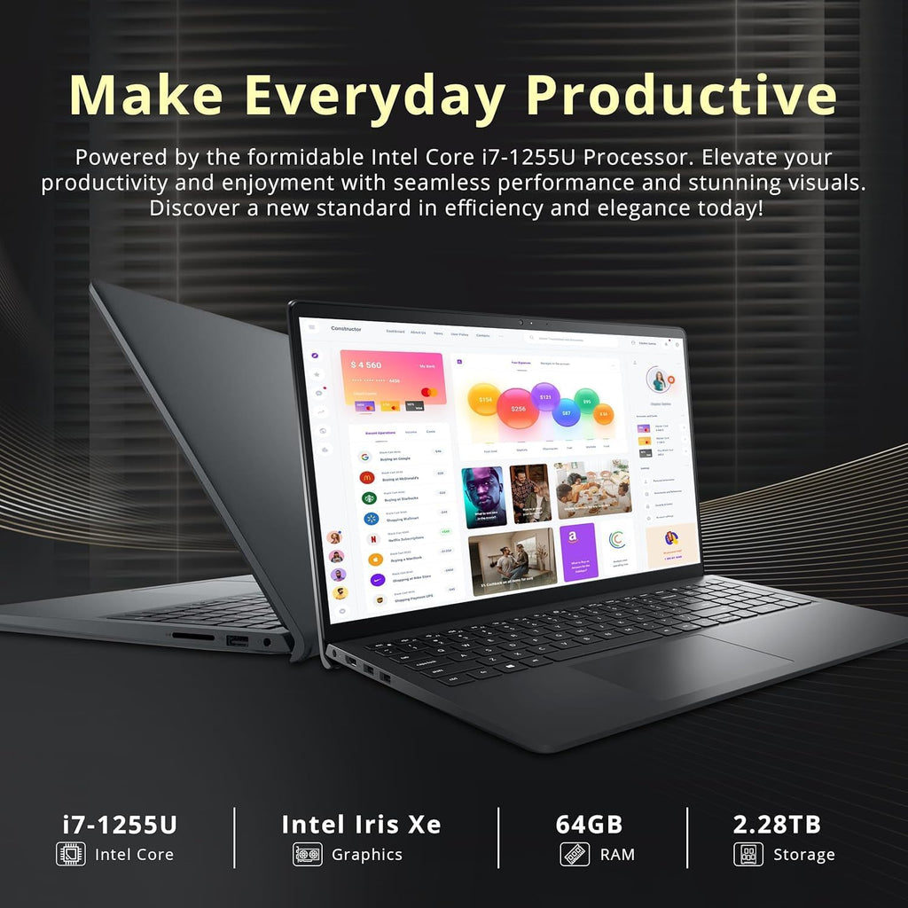 Dell Inspiron 15.6 Inch Business Laptop | FHD Touchscreen | Intel Core i7-1255U, 12th Gen 10-Core CPU (Up to 4.7 GHz) | 32GB RAM, 1TB SSD | Iris Xe Graphics | Windows 11 | WiFi-6 | 9HR Battery