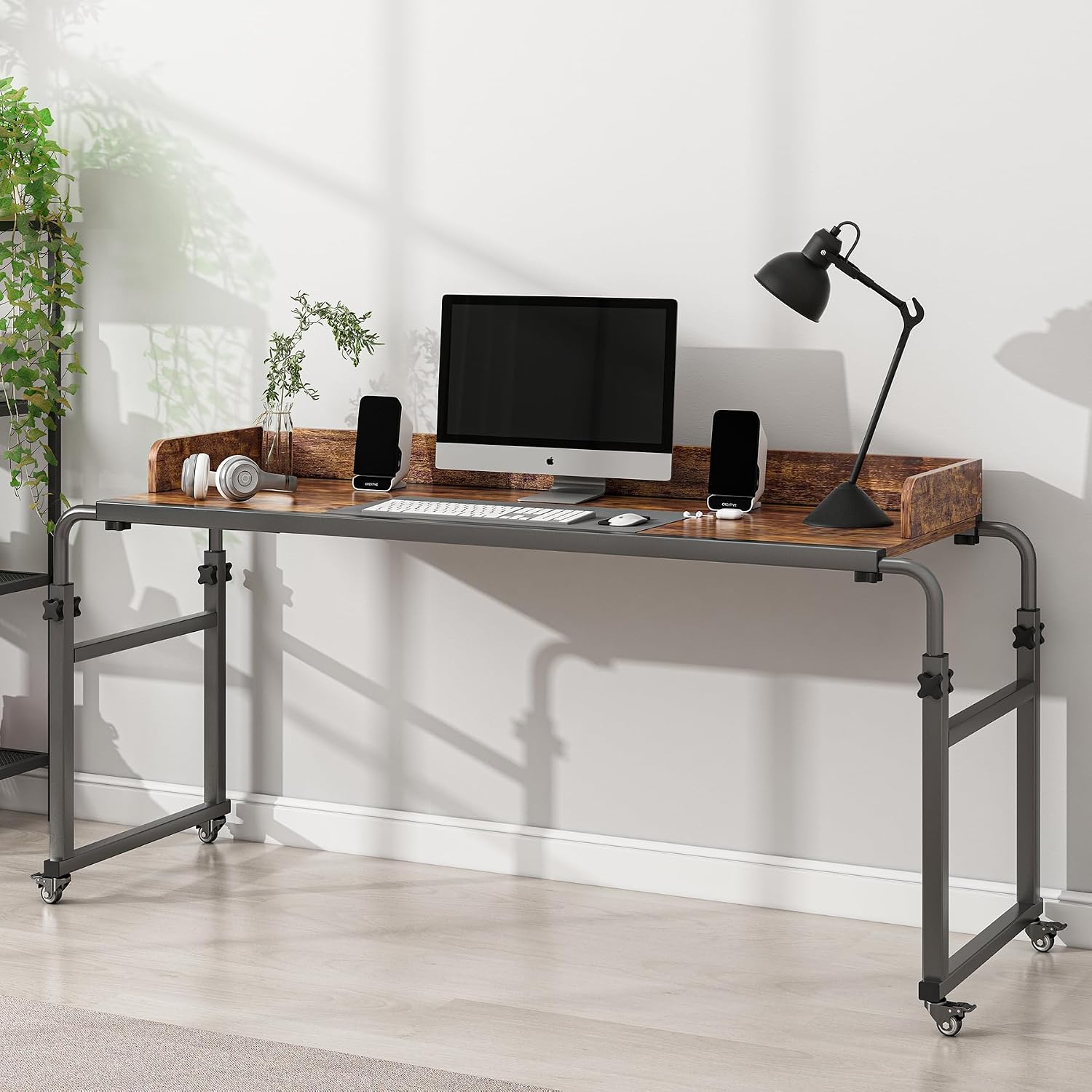 LINGMI Kids and Adult Desk, Overbed Table with Wheels, Bed Desk Recliner Table Adjustable Height Laptop Table, Queen King Size Over The Bed Table with Metal Leg(Rustic Brown)