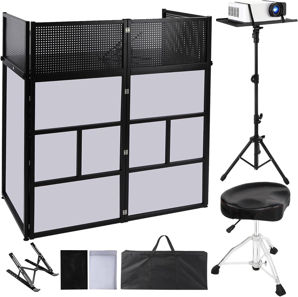 3-in-1 Complete DJ Set, Mobile DJ Workstation with Adjustable Stand & Cooling Fans, Ergonomic Performance Chair, and Portable Facade Booth, for Home Studio, Gigs, Weddings