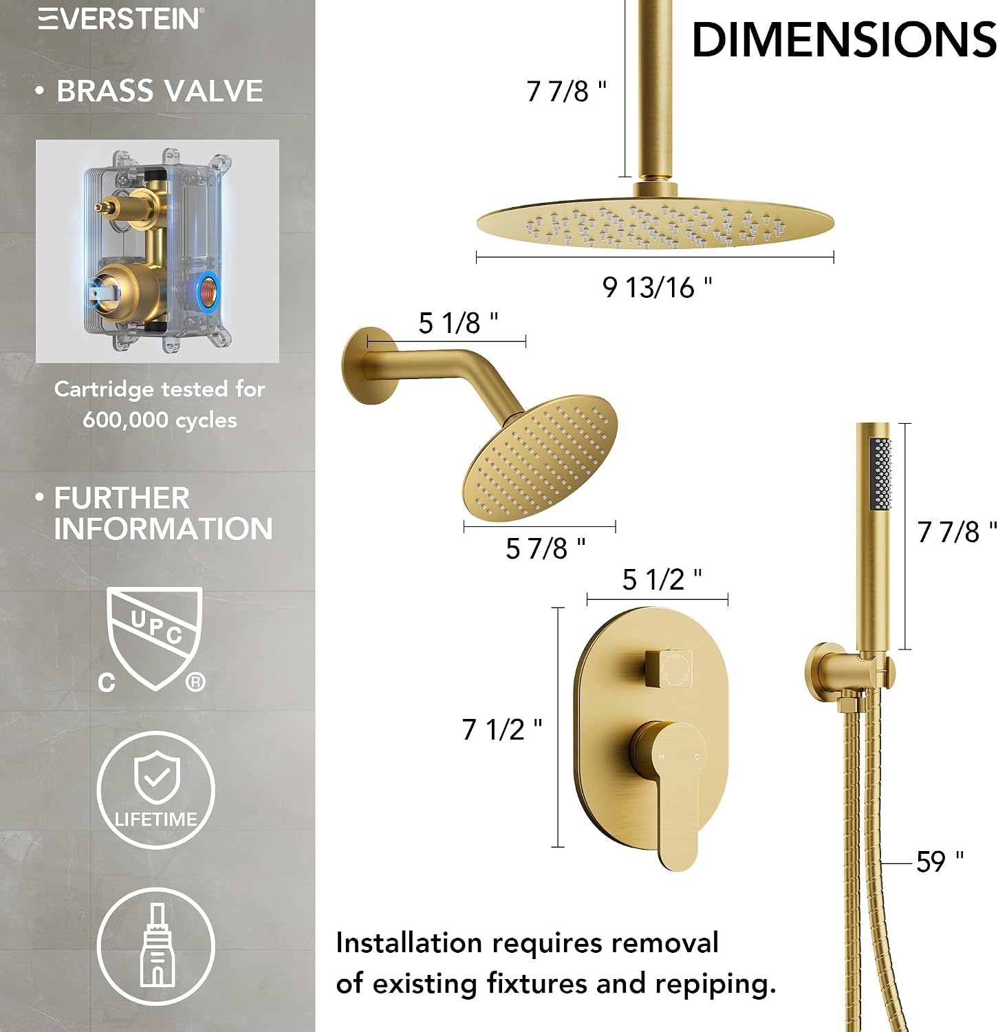Ceiling Mount 10' High-Pressure Rainfall Shower Faucet, Dual Rainfall Shower Head System with Valve (Brushed Gold)