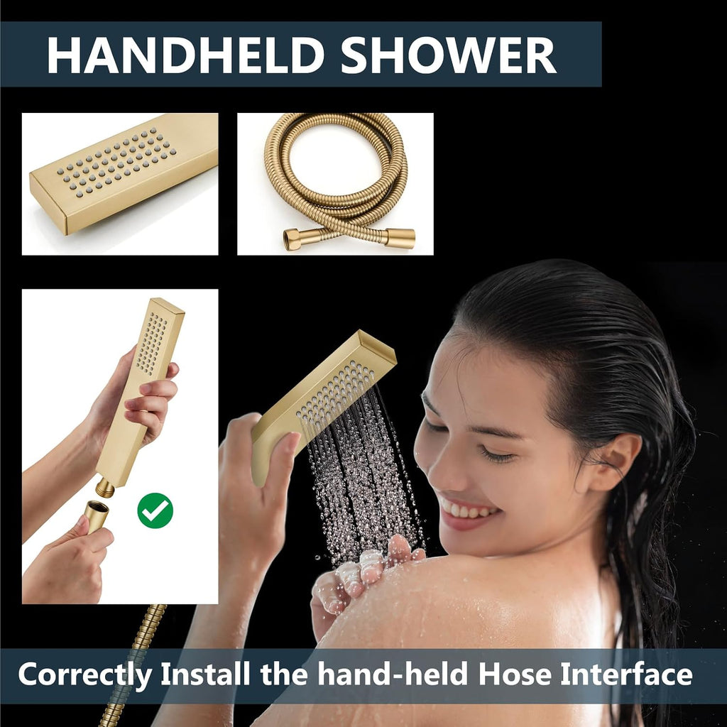 Aolemi Shower Faucet Set Rain Shower System with Handheld Spray Bathroom Shower Combo Rough-in Valve and Shower Trim Kit Included Brushed Gold 8 Inch Wall Mount Shower Head