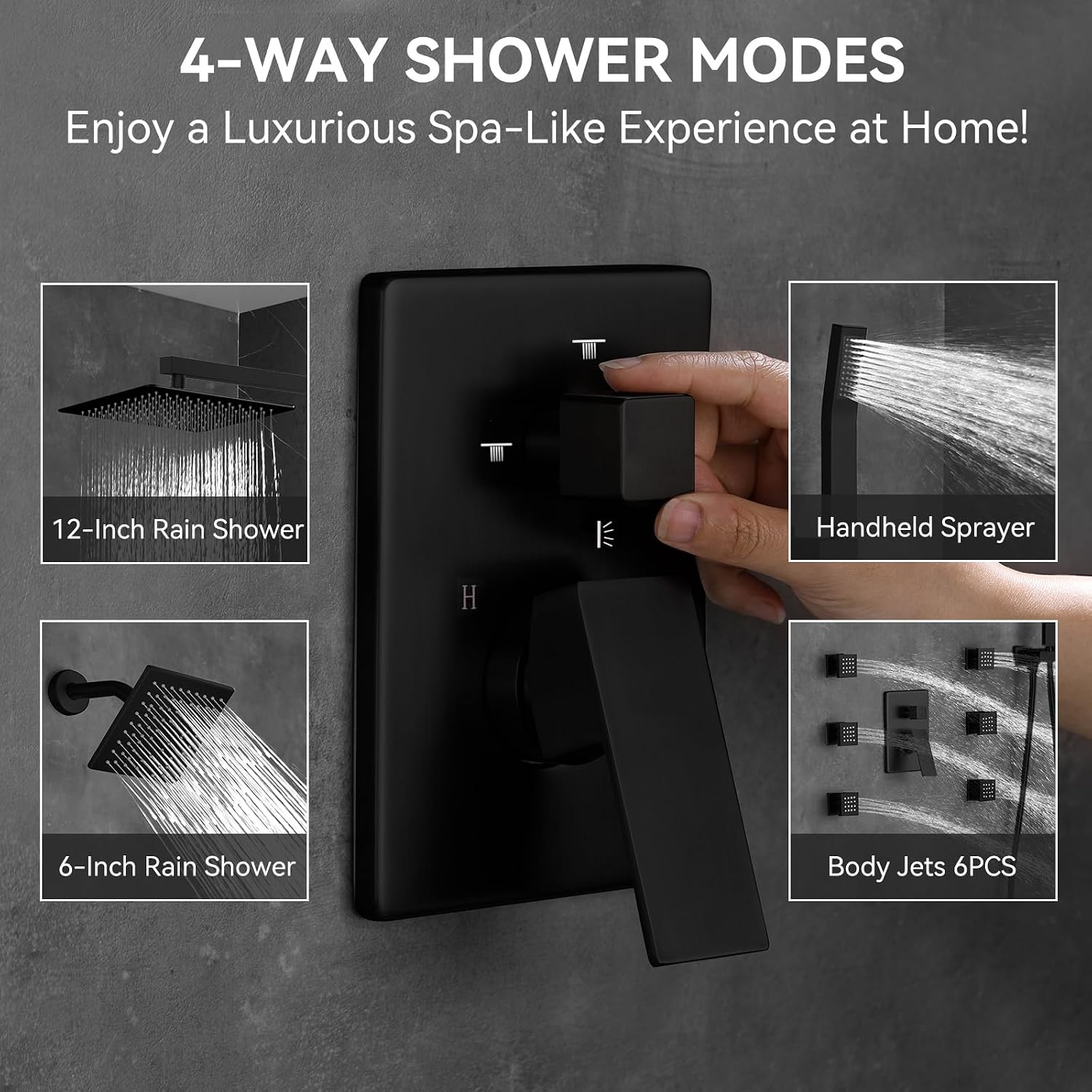 Shower System Matte Black Dual Shower Head with Body Jets, Oupukle Four Modes Shower Faucet Set Wall Mounted 12' & 6' Rain Shower Head with 6PCS Body Jets