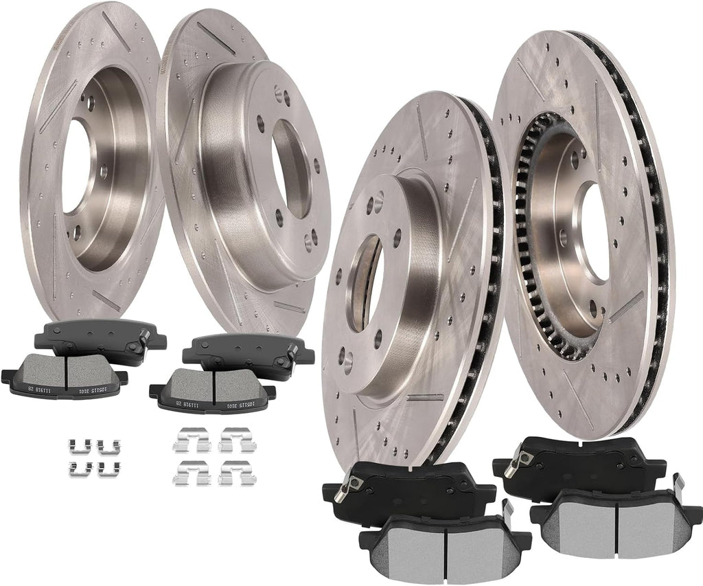 SCITOO Brake Kits for Hyundai for Elantra GT for Coupe for Veloster for Kia Forte Koup for Forte5 Front Rear Drilled & Slotted Disc Brakes Rotors and Ceramic Brakes Pads 31584;31603;D1543;D1544
