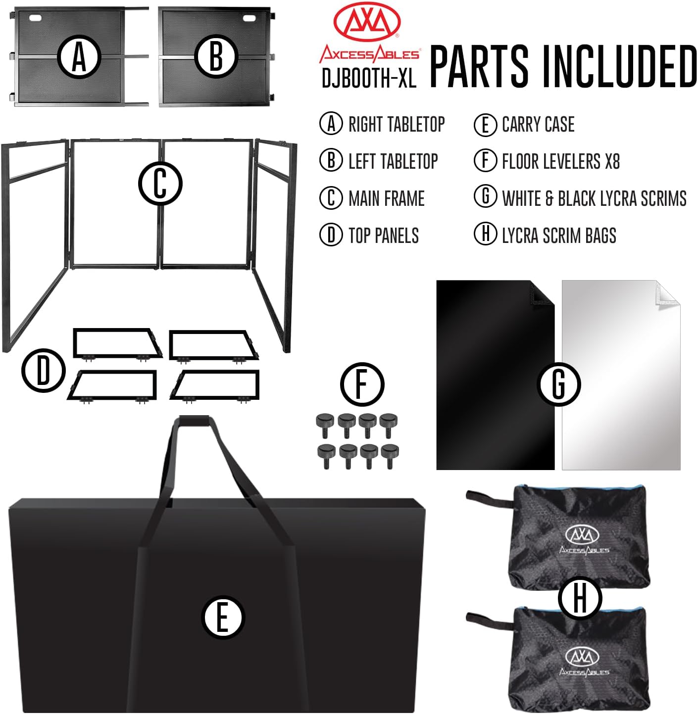 AxcessAbles DJ BOOTH XL 58' wide x 29' deep DJ Facade Table | Portable Extra Wide DJ Table Booth with Black and White Scrims, Carry Cases | Large DJ Controller Stand | Music Mixer Stand
