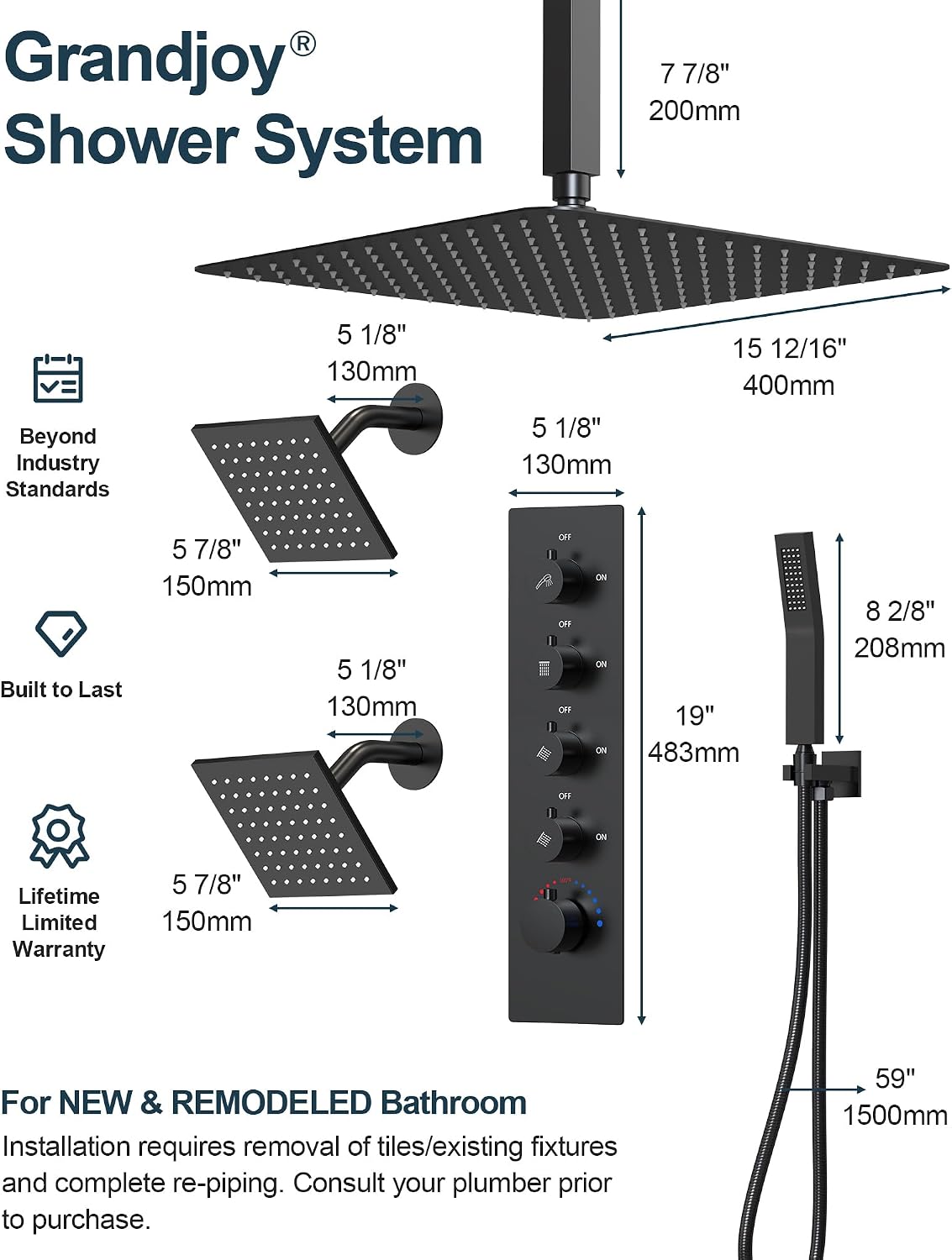 Thermostatic Shower System, 16' Ceiling Mount Rainfall shower Head with Double 6' Shower Head, Matte Black