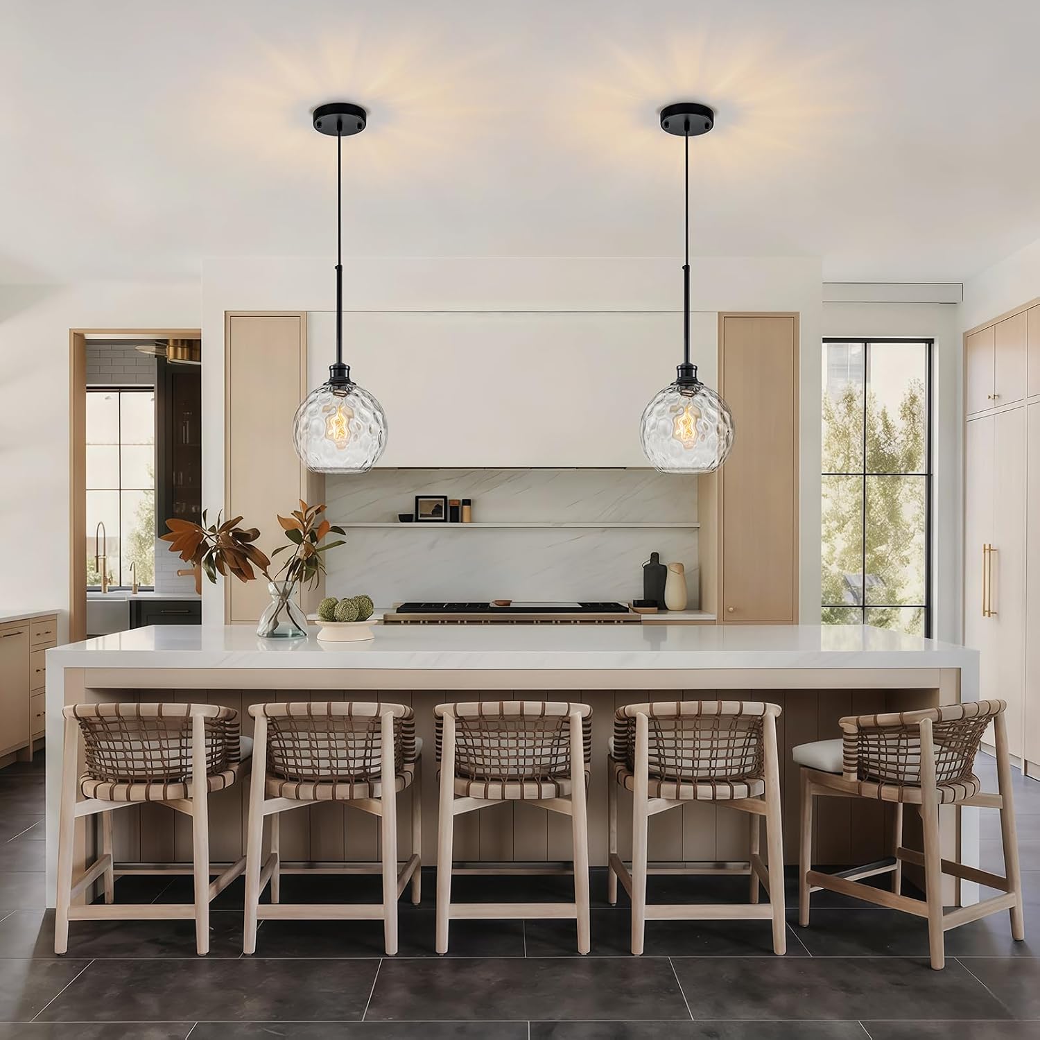 Globe Pendant Light Fixtures, 2 Pack Glass Black Pendant Lights Kitchen Island with 7.8' Clear Hammered Glass, Adjustable Hanging Island Lights for Kitchen Bathroom Sink Entryway Dining Room