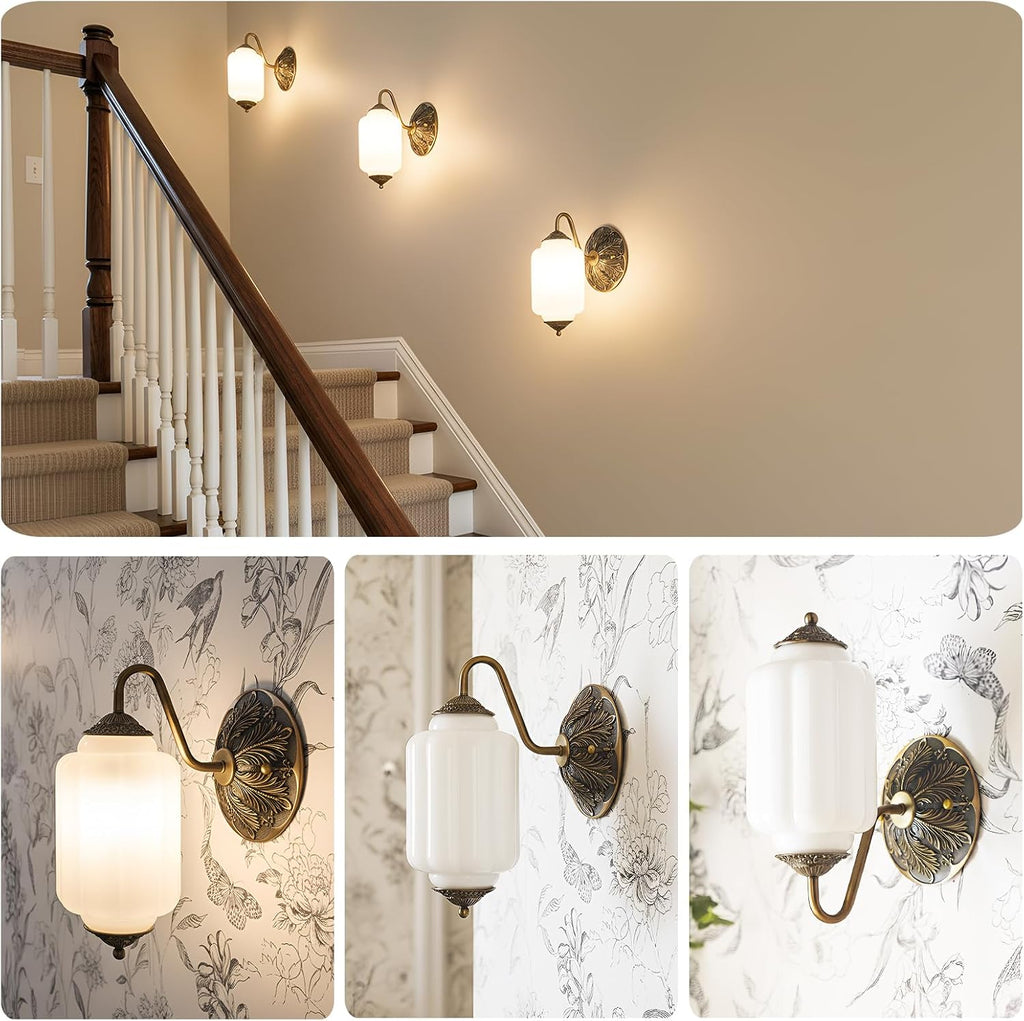 2-Pack Antique Gold Milk Glass Wall Sconce - Vintage Green Shade & Brass Finish Base - Indoor Wall Lighting Fixture for Living Room, Bedroom, Bathroom, Hallway, Entryway (2 Pack/White)