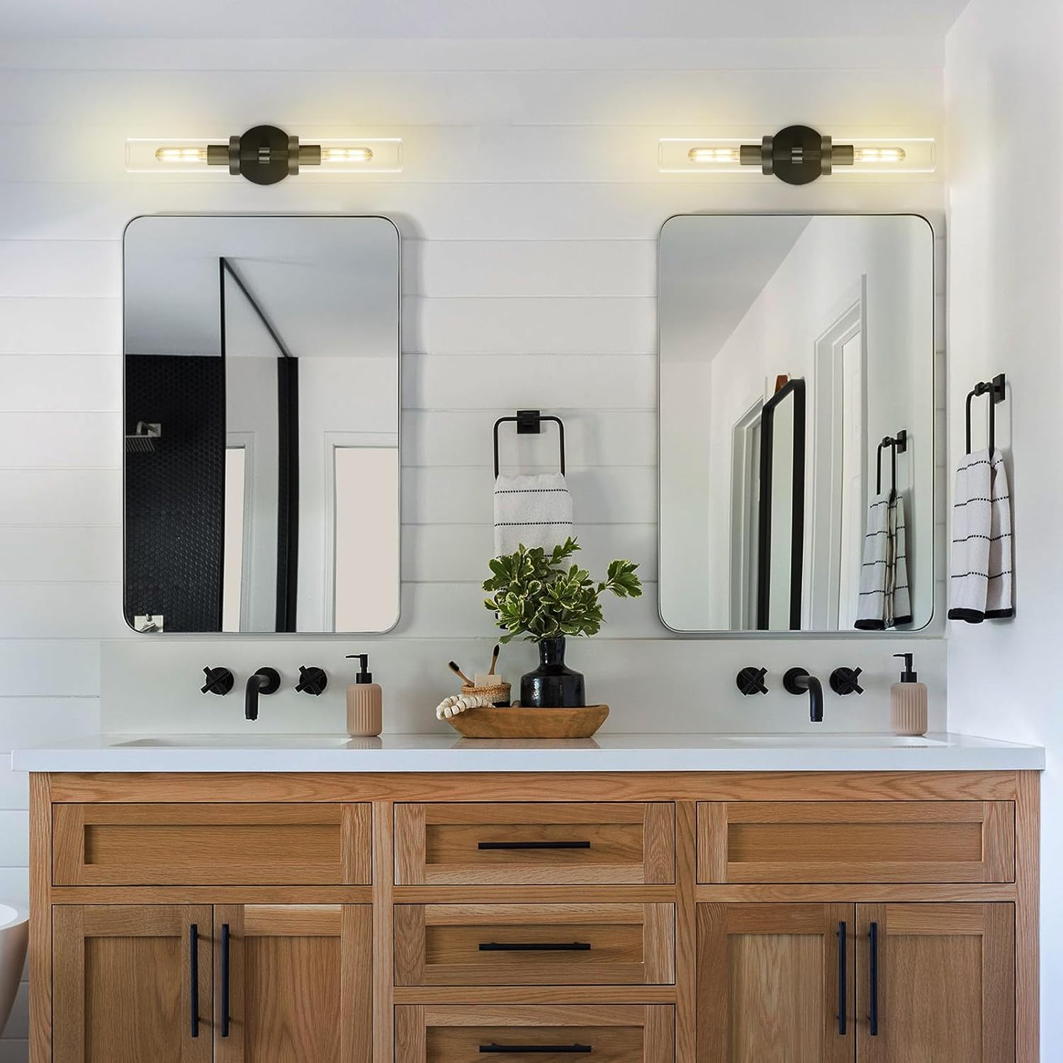 Black Bathroom Vanity Wall Sconces 2-Light Glass Tube Wall Sconce 21in Horizontal or Vertical Linear Wall Sconces Black Vanity Light Indoor Wall Sconce E26 Bulb Included