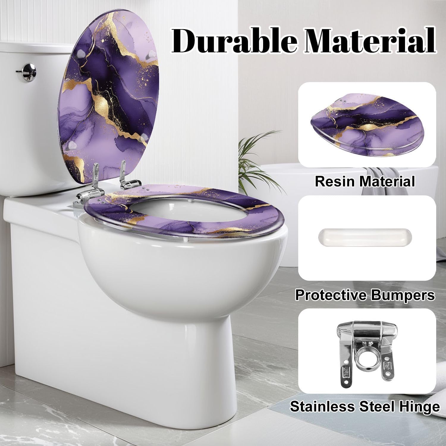 Elongated Toilet Seat Purple marble gold stripes alcohol ink Luxury violet black watercolor Resin Toilet Seat Slow Quiet Close Lid with Quick-Release Hinges Cover Bumpers Easy to Clean Install