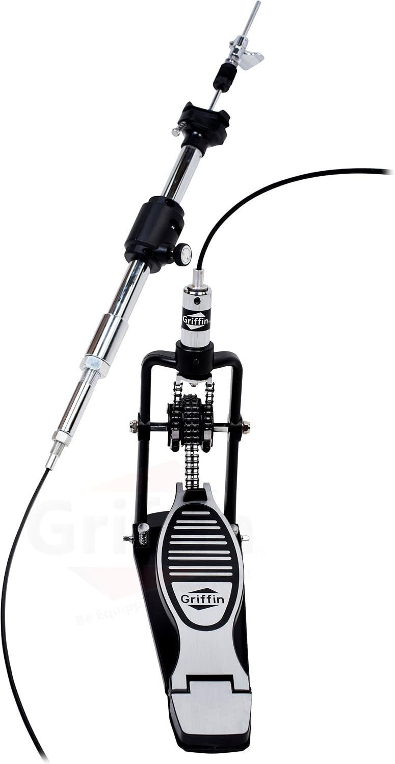 Griffin Remote Hi-Hat Pedal (QuickAction X Series) with Auxiliary 6FT Cable – Heavy-Duty Drum Hardware Kit with Key, Cymbal Stand Holder Mount