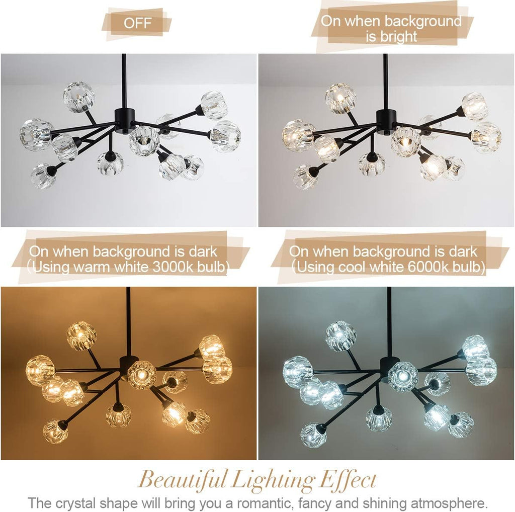 Weesalife Sputnik Chandeliers for Dining Room Light Fixture Over Table, Modern Crystal Chandeliers, 12 Lights Black Lighting Fixtures for Living Room Bedroom Kitchen Island Bar