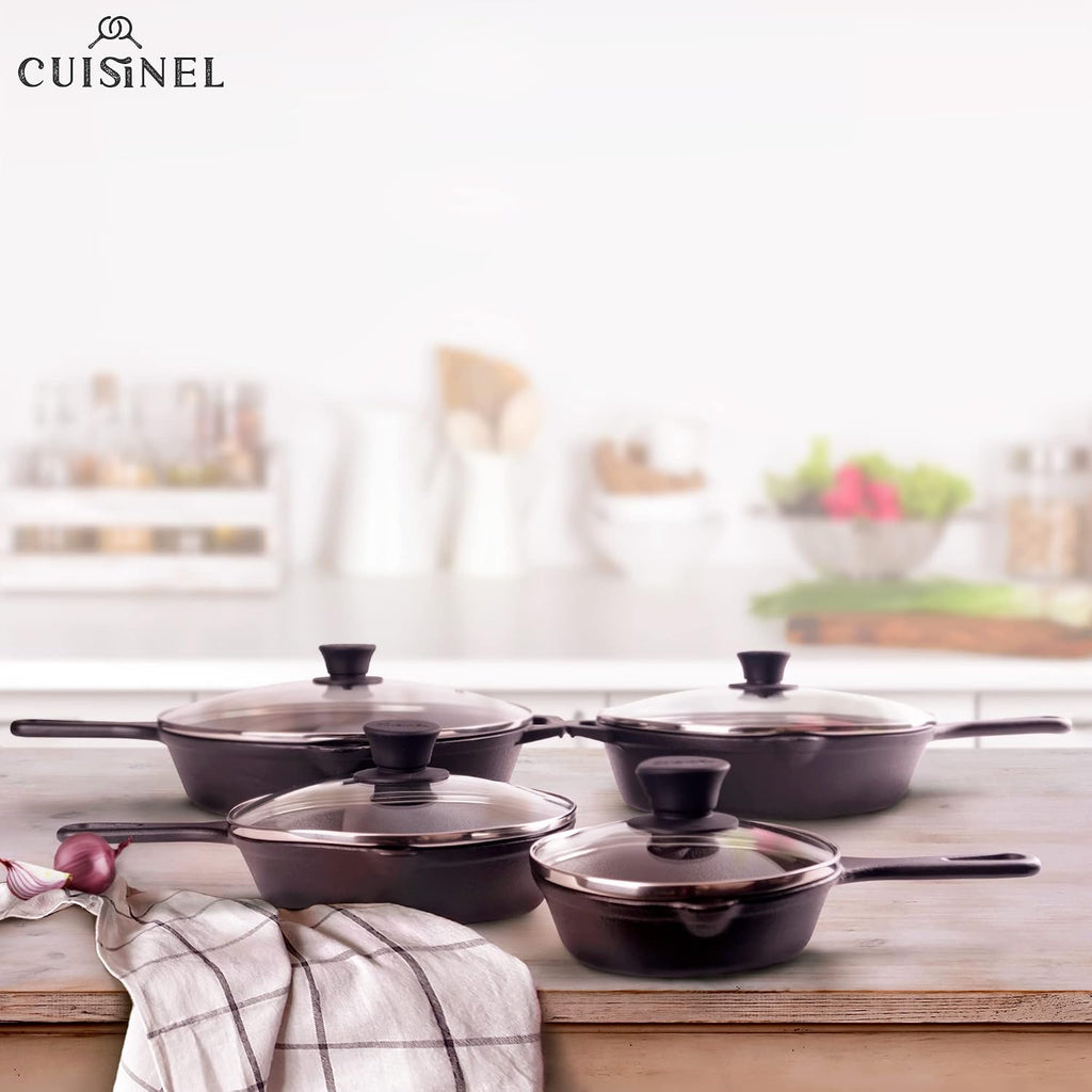 Cuisinel Cast Iron Skillets Set - 6'+8'+10+12'-Inch + Glass Lids + Silicone Handle Holder Cover Grips - Pre-Seasoned Frying Pan - Oven Safe Cookware - Indoor/Outdoor Use - Grill, Stovetop, Fire Safe