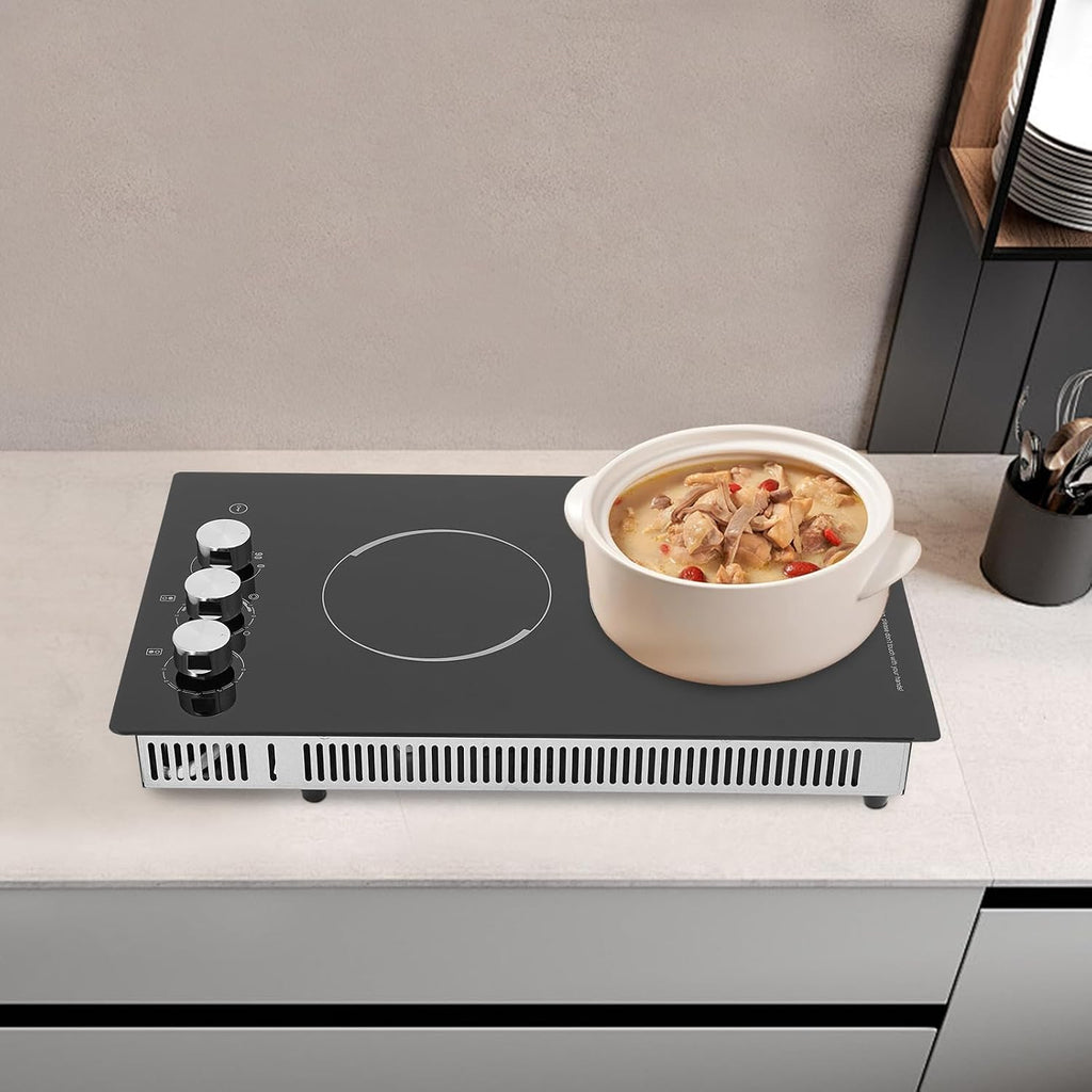 Induction Cooker, Built-In Electric Cooktop 2 Burners Electric Stove Top, 1700W Microcrystalline Panel Cooktop, 5 Power Levels, Knob Control, LED Screen, Child Safety Lock,110V