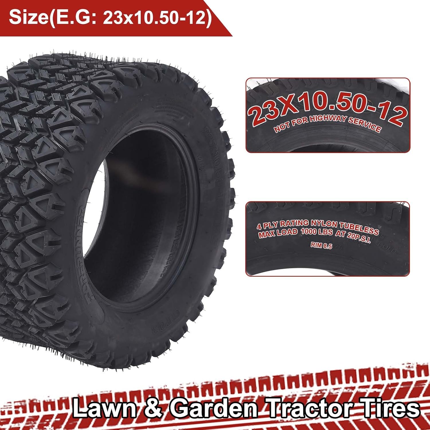 GarveeLife 23x10.50-12 4PR Lawn Mower Tires 23x10.50-12 Tractor Turf Tire 23x10.50x12Tires 4PR Ply Tubeless Set of 2, for Lawn Mower, Riding Lawn Mower, Lawn Tractor, Garden Tractor...