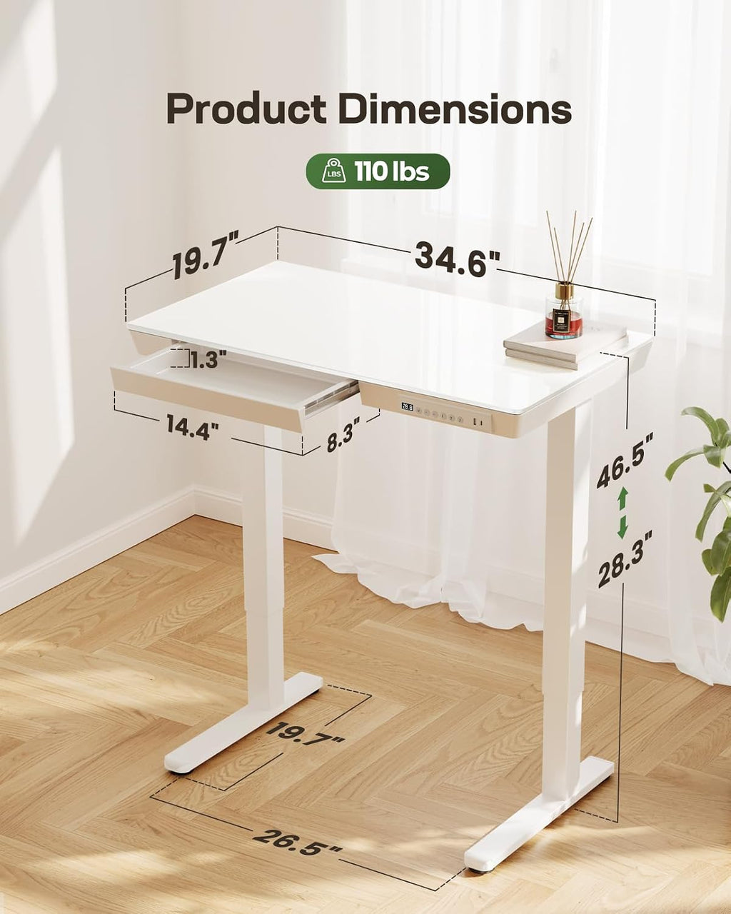 Marsail Glass Standing Desk with Drawer, 35 x 20 inch Electric Standing Desk, Height Adjustable Desk with One-Piece Tabletop & USB Charging Ports, Sit Stand Desk with Storage for Home & Office White