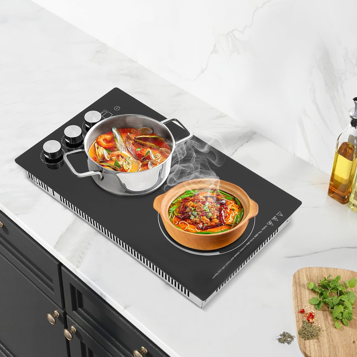 Ceramic Cooktop,20 * 12 Inch Built-in 2 Burners Electric Stove Cooker Hob With Touch Control Child Lock Timer Electric Stove with Hard Wire 1700W 110V (Knob, 2 Burners)