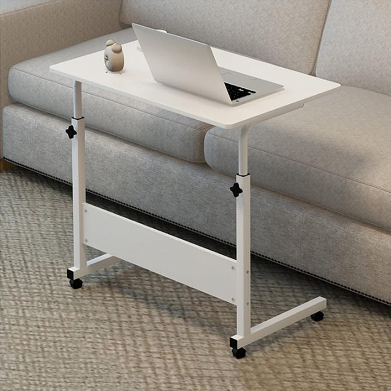 C Shaped End Table Adjustable Overbed Bedside Table with Wheels Rolling Laptop Tray Desk Cart Portable Mobile Sit Stand Desk Tilting Hospital Bed Table (Walnut Color)