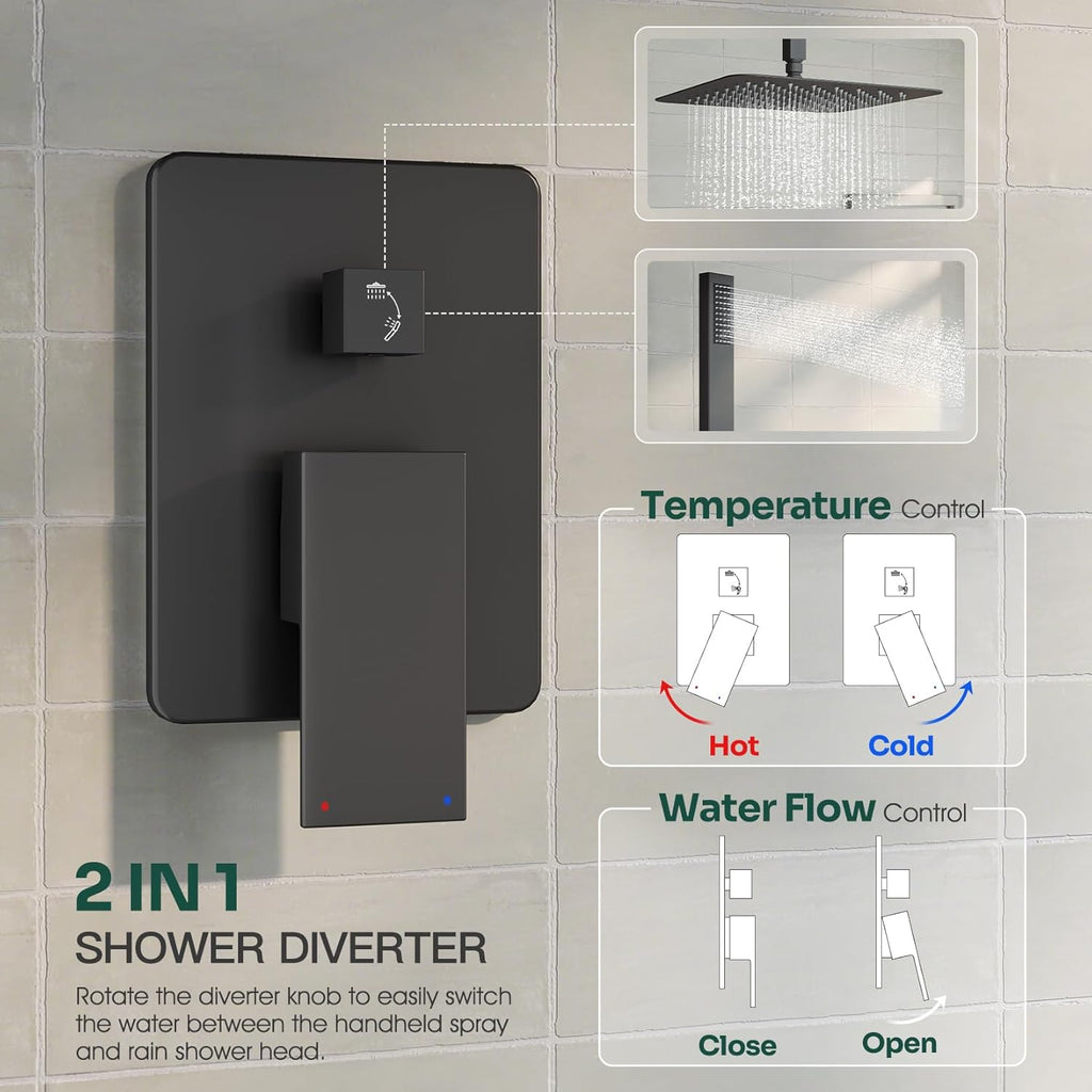 Ceiling Mount Shower System, Black Shower Faucet Set with 12-Inch Rain Showerhead and Handheld Spray Combo, High-Pressure Showerheads Set with Valve and Trim Kit, Matte Black