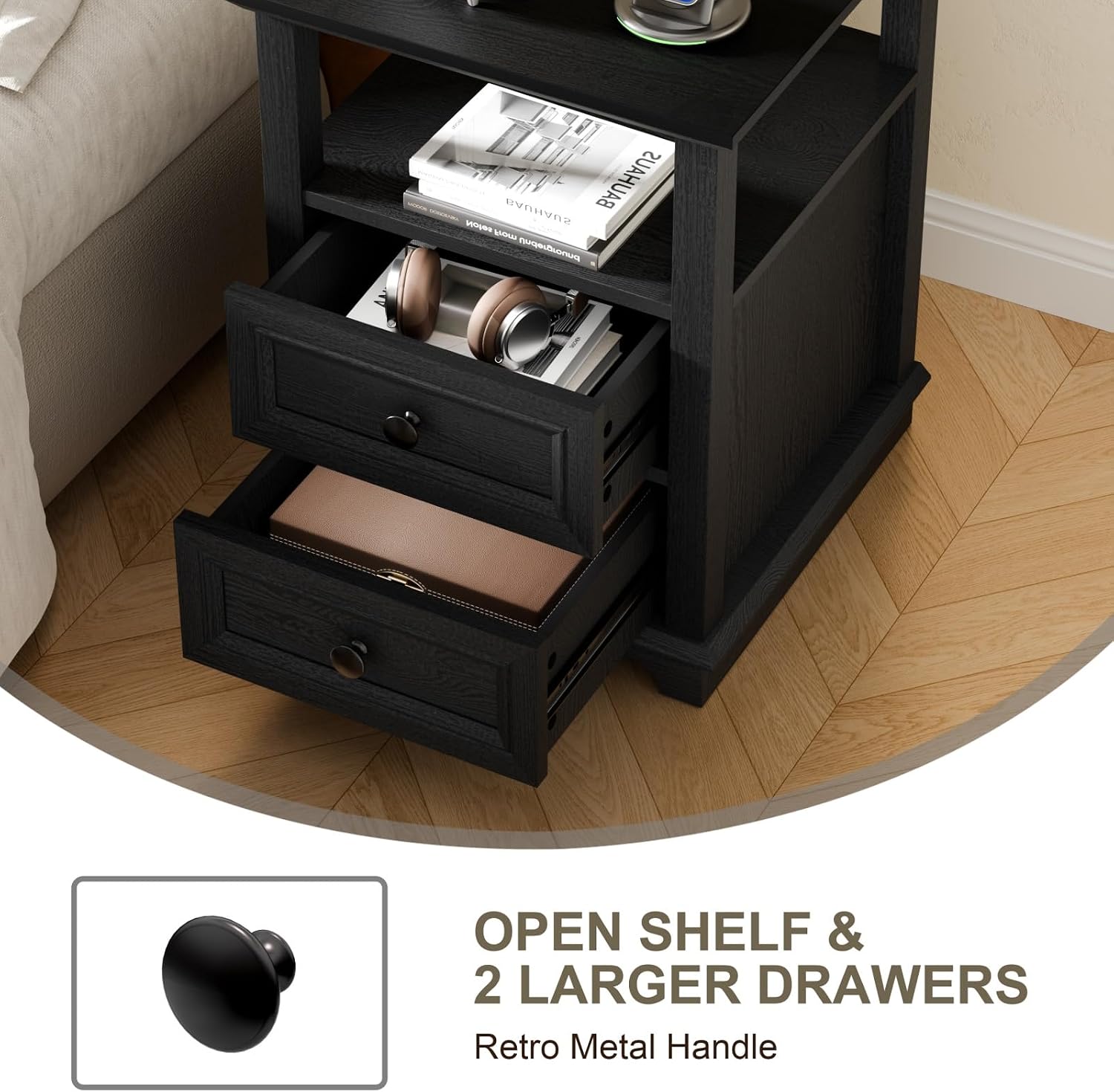 REDAYFUR End Table with Fast USB C Charging Station,18' Wide Sofa Side Table with 2 Drawers, Large Storage Rustic Wood Square Storage Cabinet for Living Room, Bedroom, Office, Black