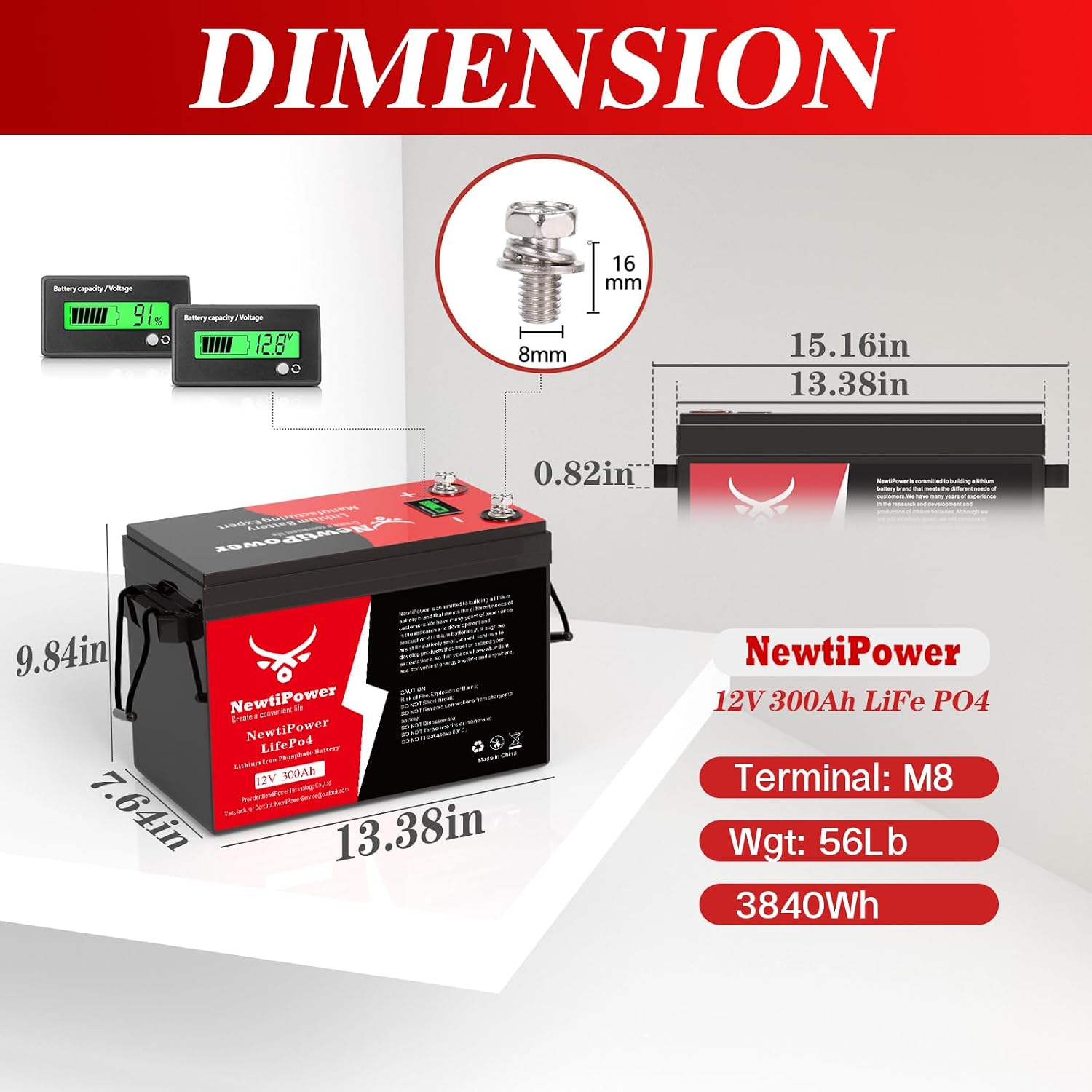12V 300Ah LiFePO4 Battery Small Size, 3840Wh Lithium Battery with 200A BMS, Up to 10000+ Rechargeable Cycles, Perfect for RV Camping, Trolling Motor, Solar Power Storage