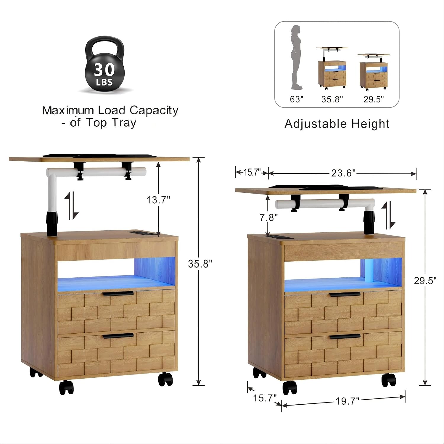 Lareth Height Adjustable Nightstand with Charging Station, LED Bedside Table 2 Drawers, Smart Wooden End Table Dorm Rolling Side Table Laptop Workstaion with Wheels for Bedroom, Natural