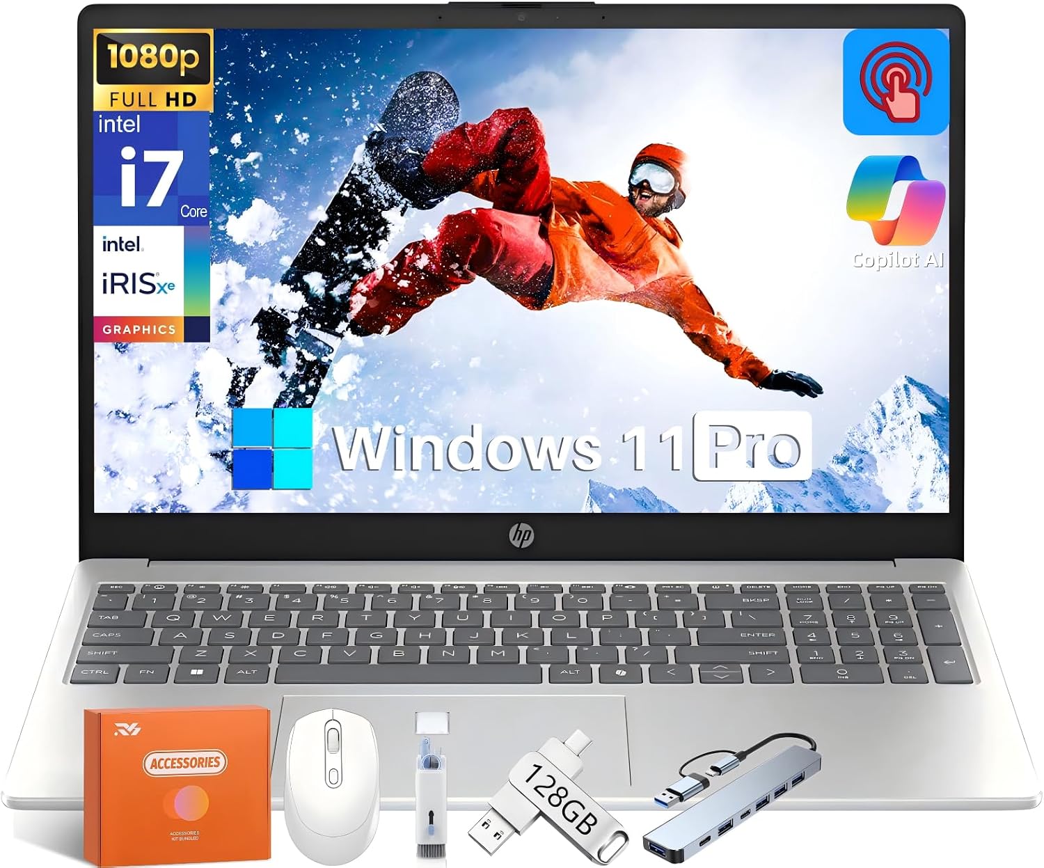 HP 15.6' FHD Touchscreen Laptop for Busines, Intel i7-1355U up to 5 GHz, 64 GB RAM, 1 TB SSD, Copilot AI PC, Intel Iris Xe GPU, Wi-Fi 6, Long Battery Life, Windows 11 Pro, w/Accessories