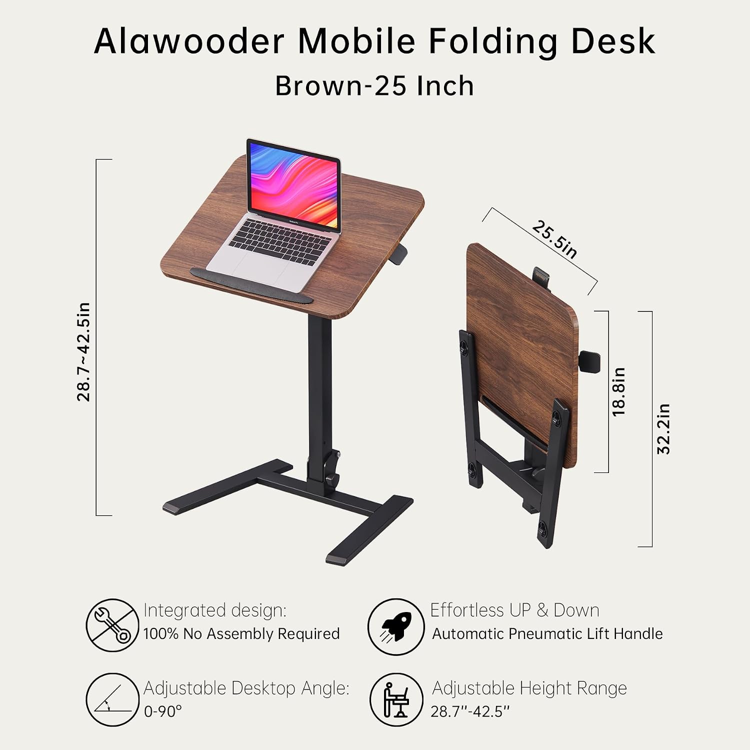 alawooder 25 Inch Mobile Folding Desk - No Assembly, Pneumatic Sit-Stand, 29-42' Height Adjustable Rolling Laptop Desk with Hidden Wheels, 0-90° Tilt Top for Home Office, Craft & Study