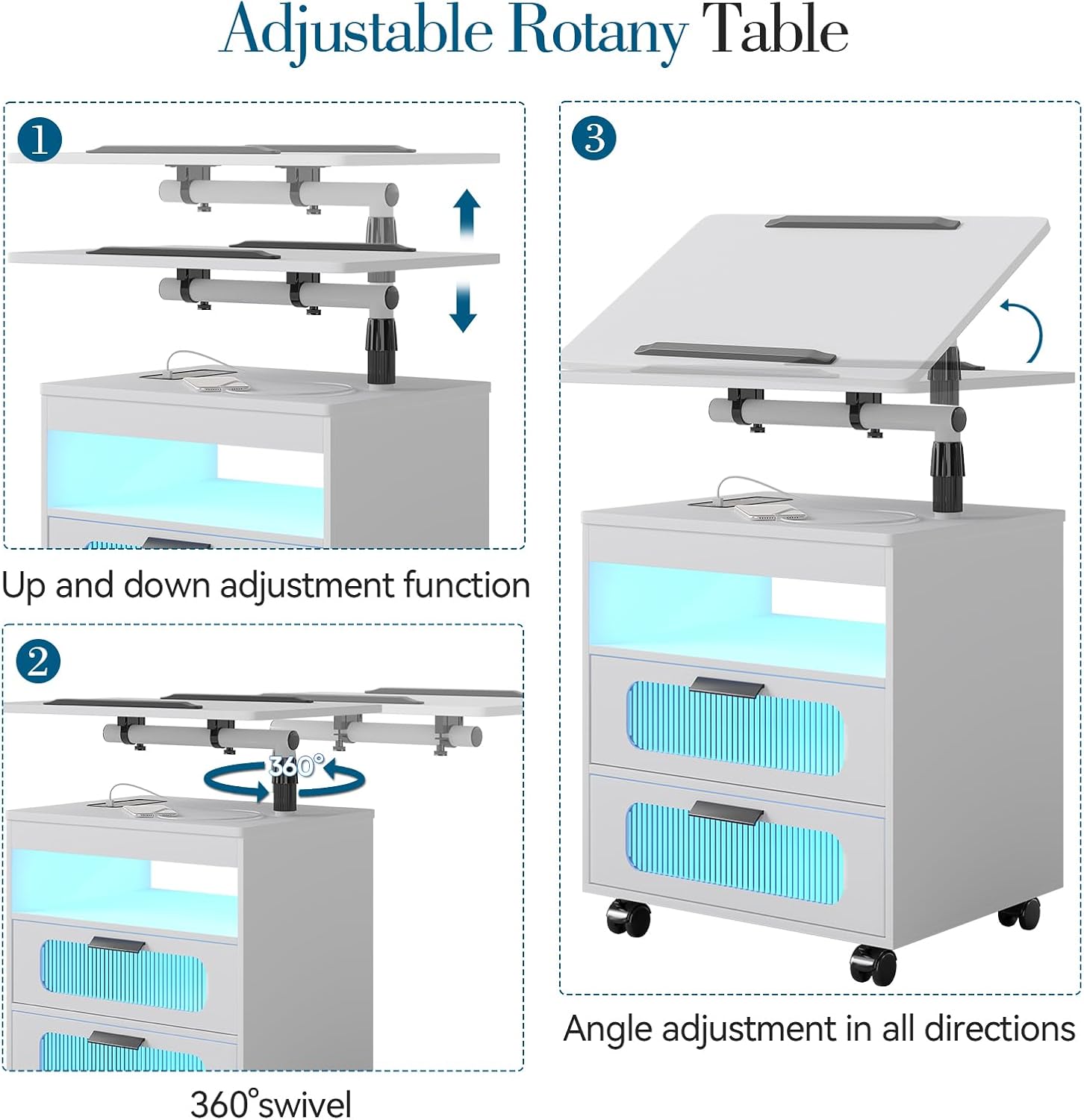 Height Adjustable Nightstand with Charging Station - Swivel Top Bedside Table with LED Lights, Auto Sensor Smart End Table, Dorm Rolling Side Table Laptop Workstaion with Wheels for Bedroom (White)
