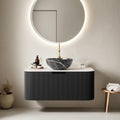 36' Floating Modern Bathroom Vanity with Sink, Natural Solid Wood Bathroom Vanities with Ultra-Thin Marble Ceramic Basin and Top, Soft-Close Design, Pre-Assembled Cabinet, Gloss Black