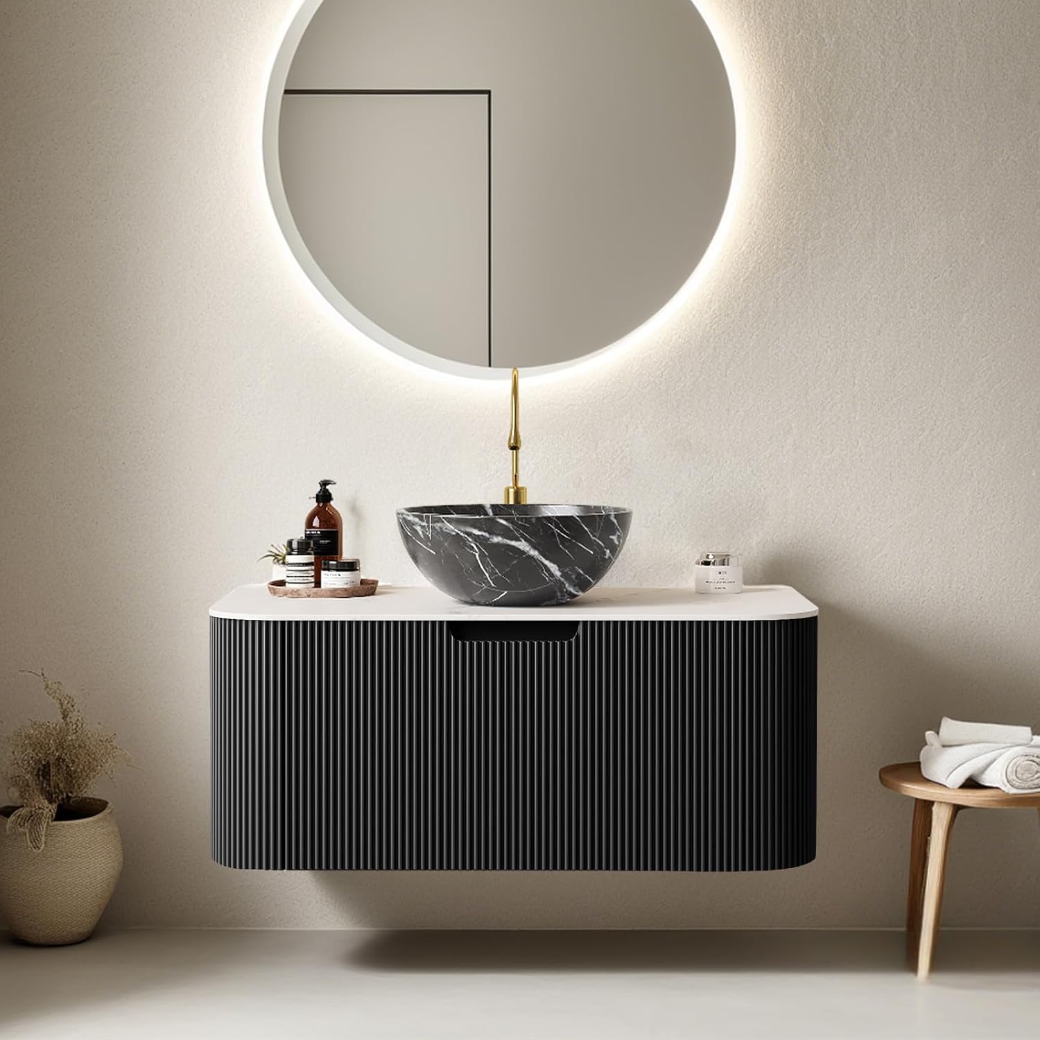 36' Floating Modern Bathroom Vanity with Sink, Natural Solid Wood Bathroom Vanities with Ultra-Thin Marble Ceramic Basin and Top, Soft-Close Design, Pre-Assembled Cabinet, Gloss Black