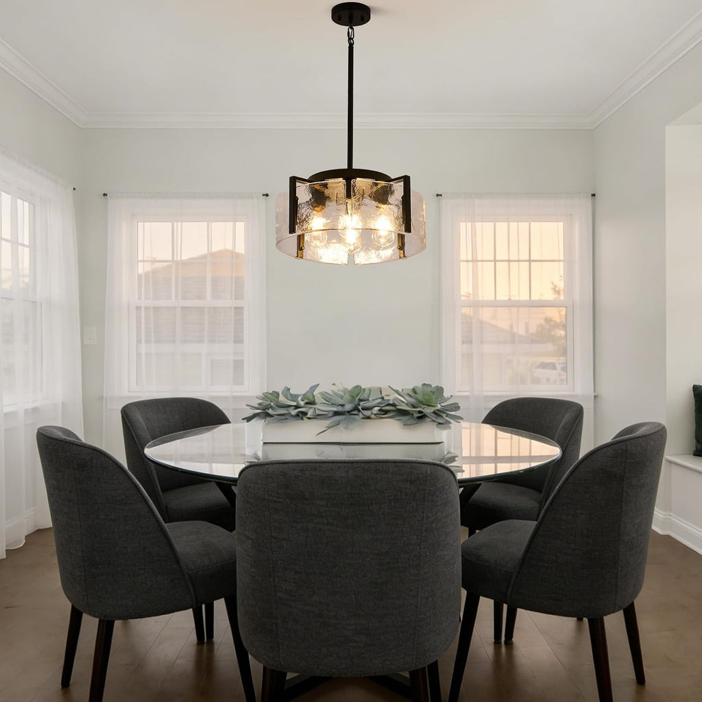 Black Dining Room Light Fixture, 4-Light Glass Drum Chandelier for Entryway, Farmhouse Kitchen Chandeliers Over Table Modern Lighting Fixtures for Hallway Foyer Living Room Bedroom
