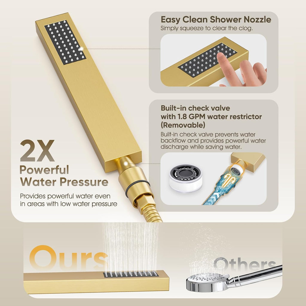 Shower Faucet Set Brushed Gold, 10+8' Dual Rain Shower Head with Handheld Spray for Two People,Wall Mount Rainfall 3 Way Shower Valve and Trim Kit Complete