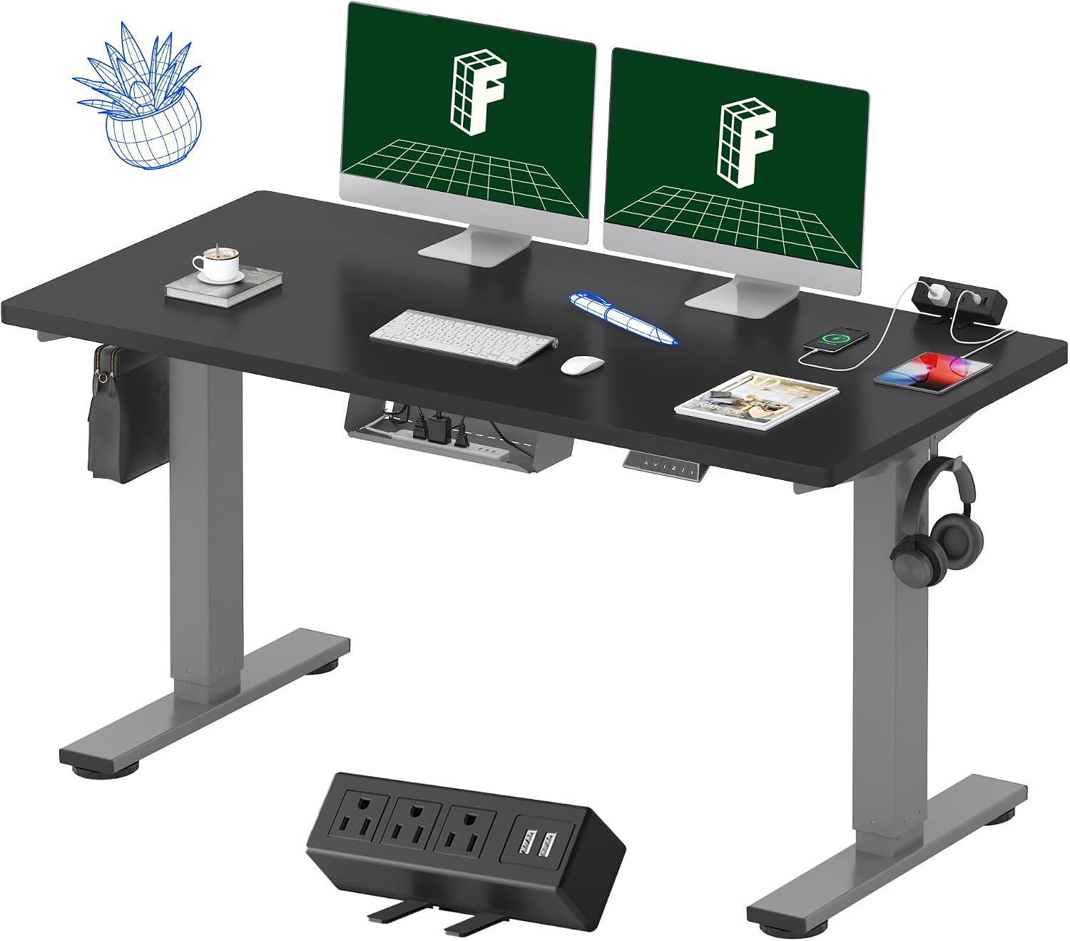 FLEXISPOT EN2 Whole-Piece Standing Desk with Clamp Power Strip, 55 x 28 Electric Stand Up Height Adjustable Desk with Cable Management (Gray Frame + 55' Black Top, 2 Packages)