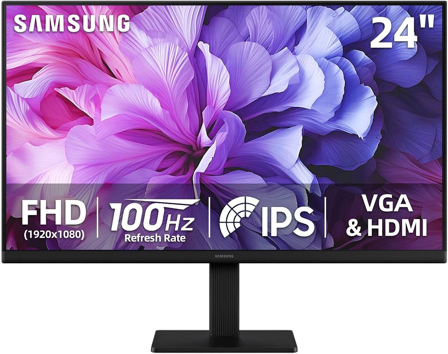 Samsung S24 inch IPS FHD (1920x1080) Monitor, 100Hz Refresh Rate, 5ms, AMD FreeSync, Ergonomic Design, Eye Care, Flicker-Free, Game Mode, HDMI & VGA, Tilt Adjustment, Black