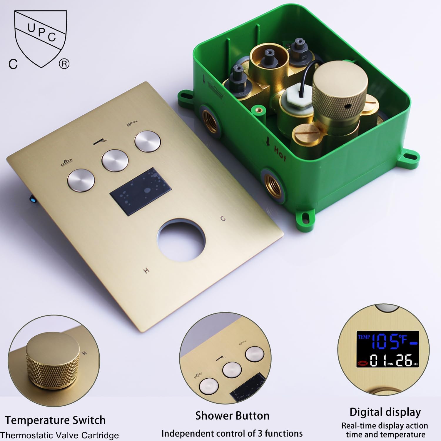 Shower System with Body Jets Brushed Gold Shower Faucet Set 12 Inch Ceiling Mount Rain Shower Faucet Fixture Combo Set Bathroom LED Digital Display Mixer Valve Contain Valve Body and Trim