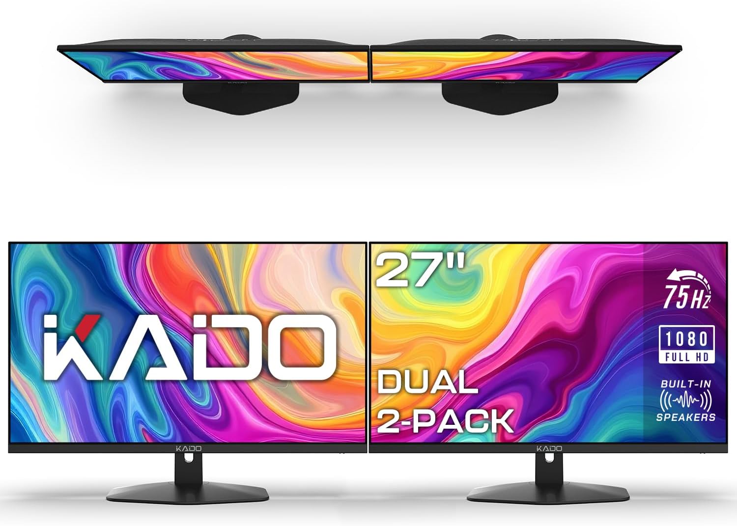 Kado Dual Monitor Setup - 2-Pack 27' 1920x1080 Computer Monitor 75Hz VESA Mount HDMI Office Gaming Built-in Speakers (E27 Dual Series)