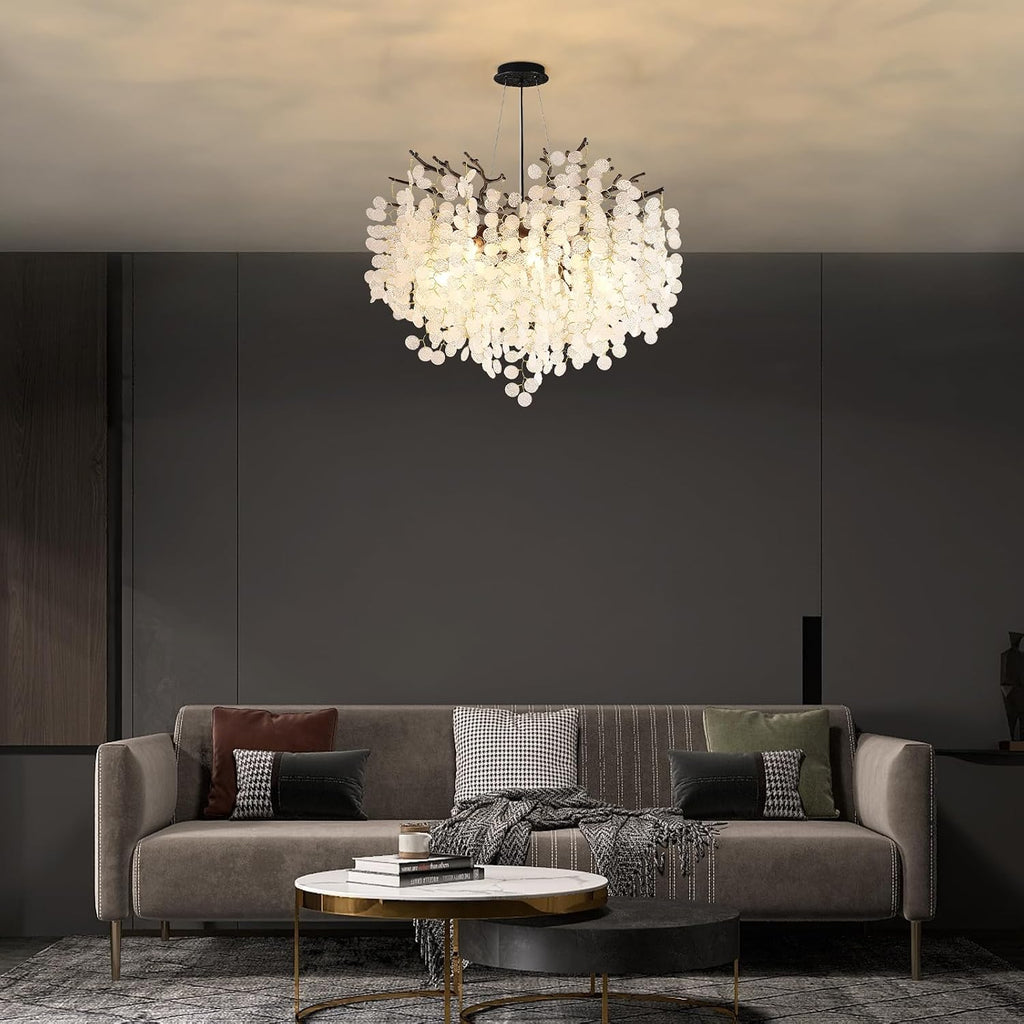 24-Inch Black Tree Branch Chandelier, 8-Light Modern Coastal Chandelier, Round Crystal Dining Room Light Fixtures for Foyer Entryway Stairwell, Bathroom Chandeliers Over Tub, E12