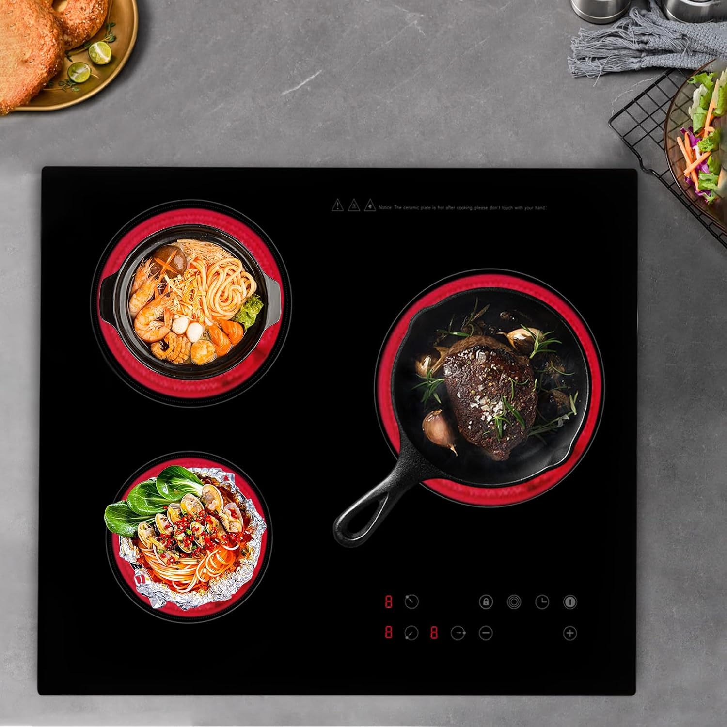 3 Burner Electric Cooktop Electric Stove Top Induction Cooktop Counter top Burner Built-in Electric Ceramic Stovetop Smooth Surface Glass 9 Heating Level Safety Lock,2600W (No Plug)