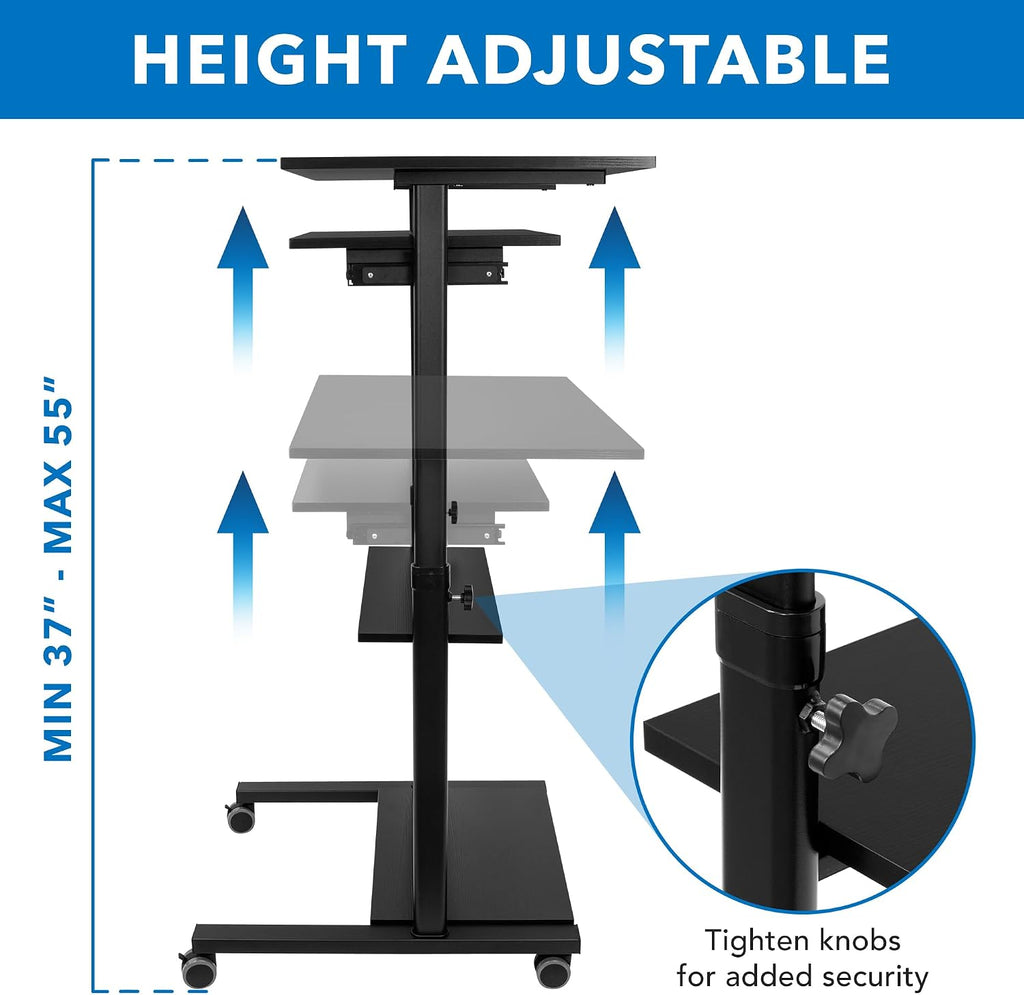 Mount-It! Mobile Standing Desk with Retractable Keyboard Platform | Height Adjustable Stand Up Computer Workstation | Locking Wheels, 99 Lbs Capacity