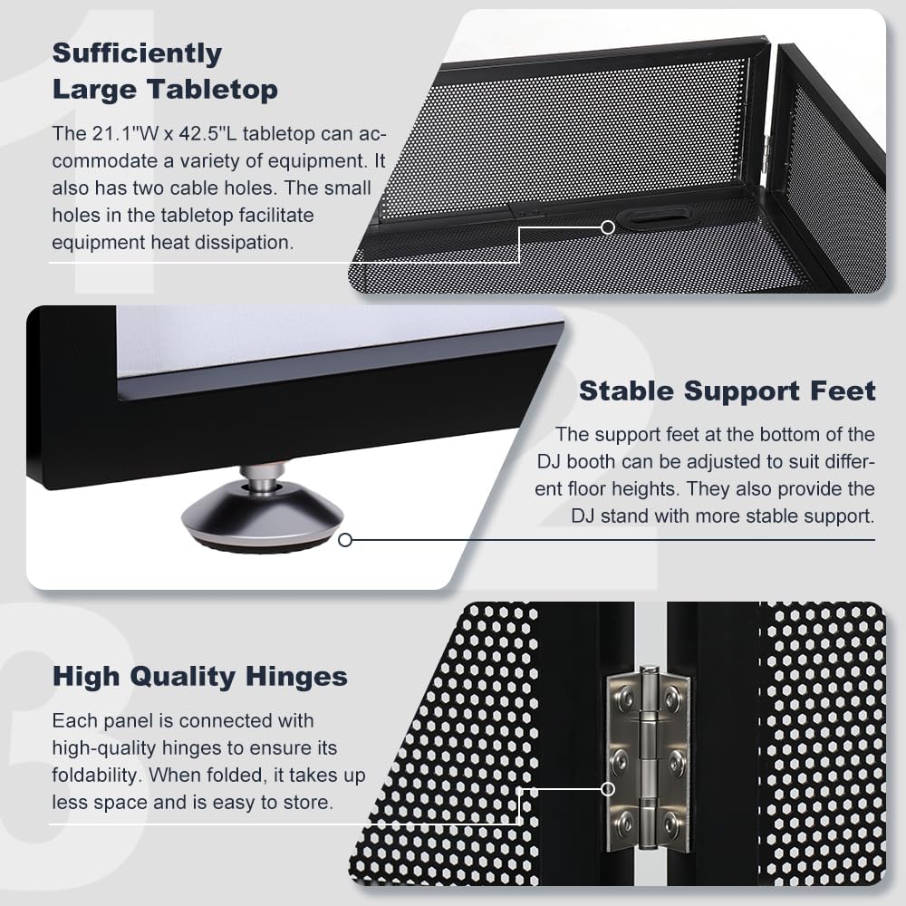 Kokorona Portable DJ Booth DJ Facade Booth Folding DJ Table with Wheels, Movable DJ Booth Facade DJ Booth Stand DJ Table with Lights, Tool-Free Assemble, Metal Frame + Black & White Scrims + Carry Bag