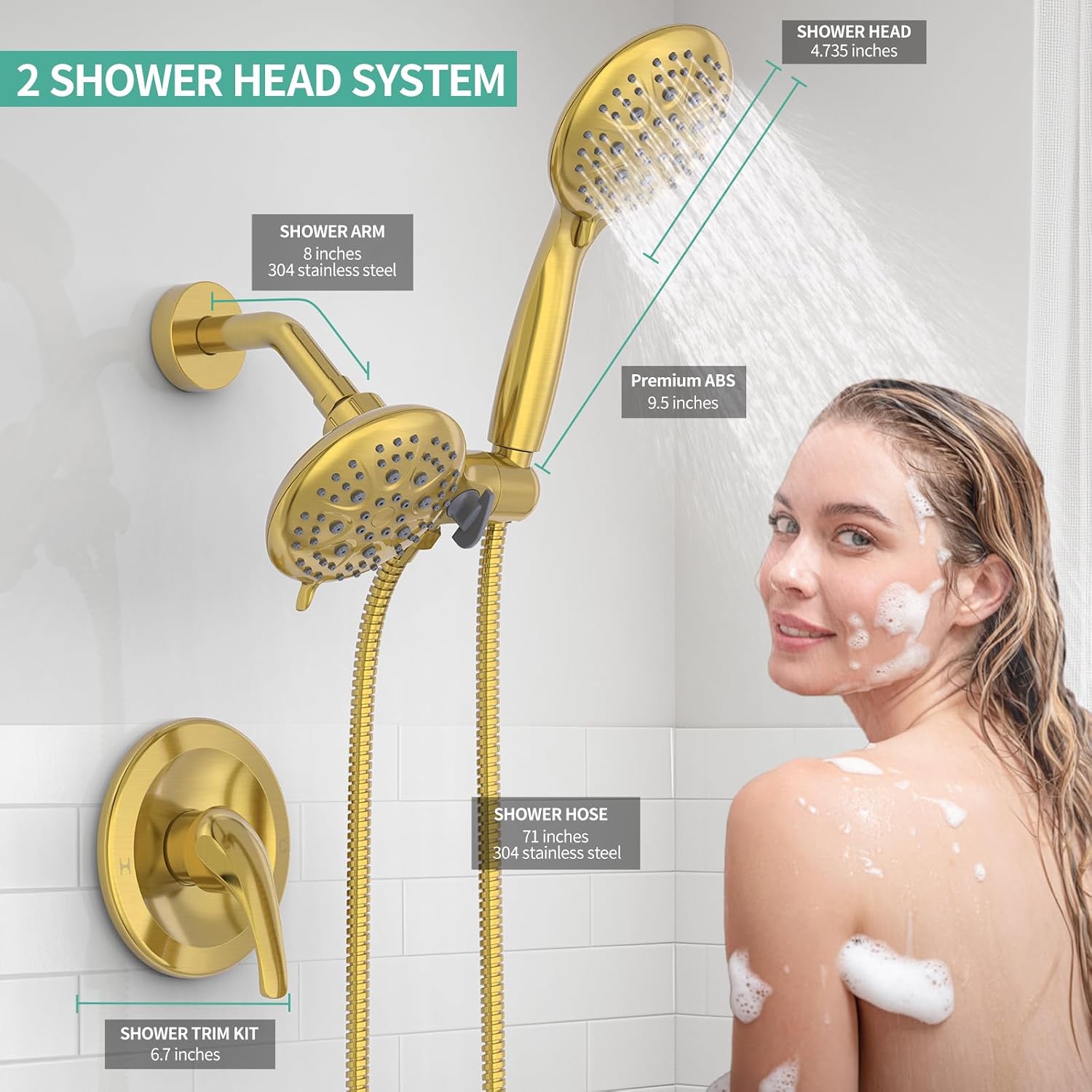 SR SUN RISE High Pressure 3-Way Rainfall Shower Faucet, 3 in 1 Shower Head and Handheld Shower Combo Set with 71' Hose, Easy to Clean Bathtub or Pets, Valve and Shower Trim Kit, Brushed Gold