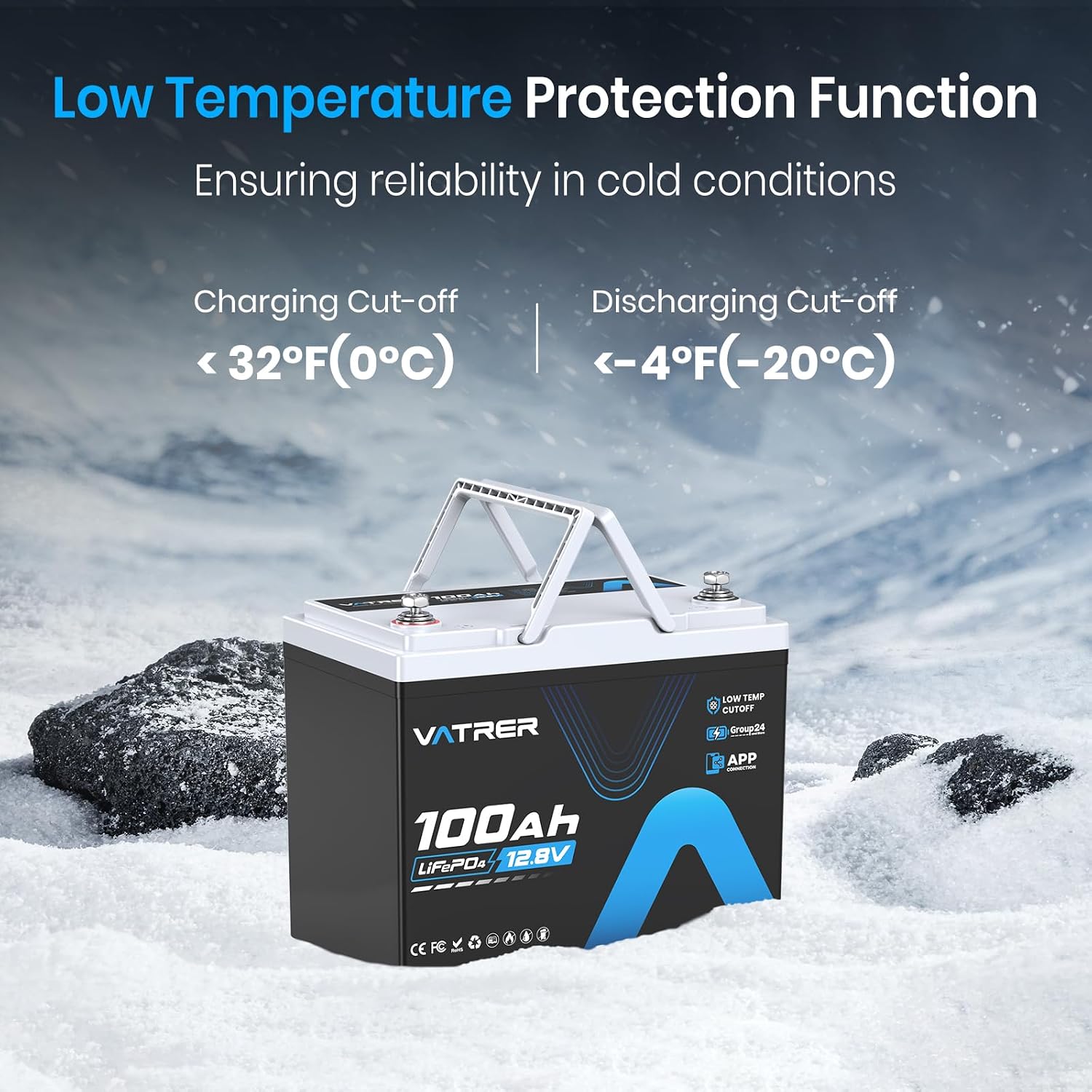 12V 100Ah Group 24 Lithium Deep Cycle Battery, 150A BMS Rechargeable LiFePO4 APP Monitoring Battery, Low/High Temperature Cutoff Protection, Perfect for RVs, Boats, Off-Grid, Home Energy Storage