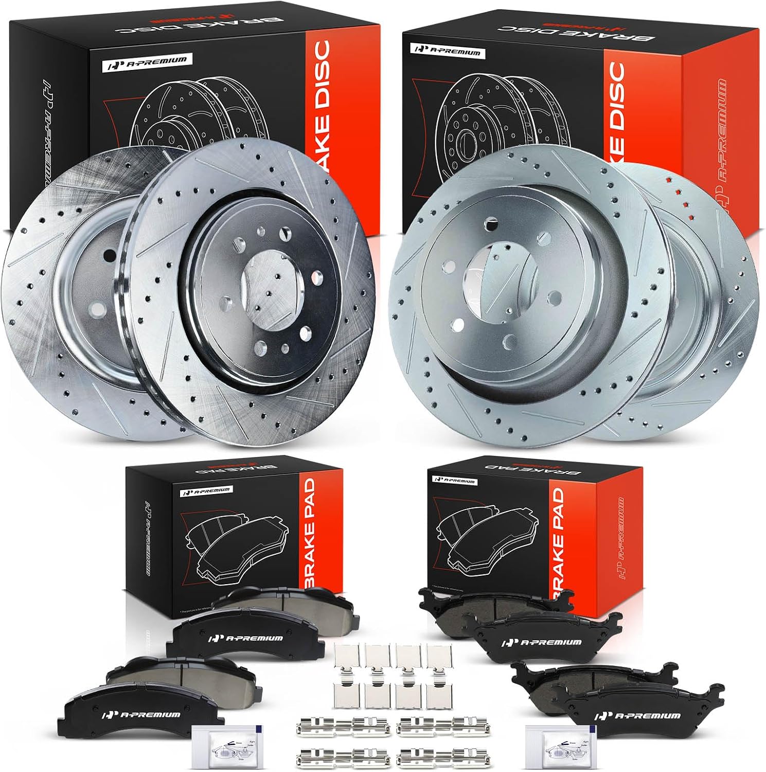 A-Premium Front & Rear Drilled and Slotted Disc Brake Rotors + Ceramic Pads Kit Compatible with Select Ford Models - For F-150 2012 2013 2014 2015 2016 2017 2018 2019 2020, 12-PC Set