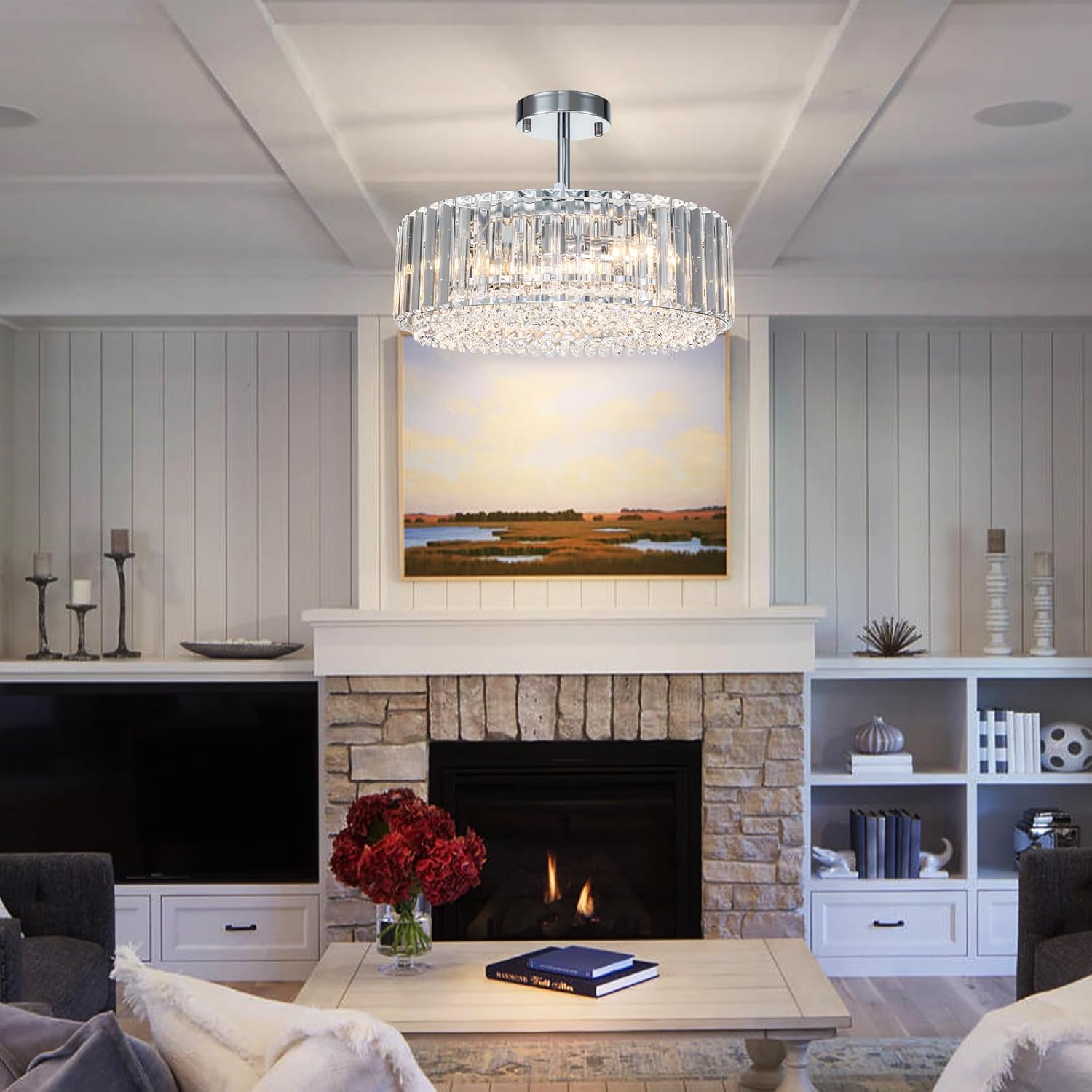 Lingkai 15.8' Modern Crystal Chandelier Chrome Round Semi Flush Mount Ceiling Light Fixture Chandelier for Living Room Dinning Room Bedroom Hallway Entryway Kitchen