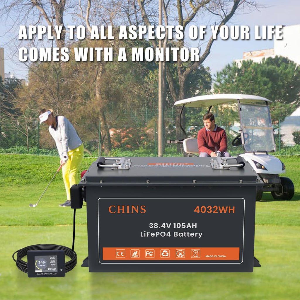 CHINS 36V Lithium Golf Cart Battery, 200A BMS - 1000A Peak Current, with Touch Monitor & Mobile APP, 4000+ Cycles 36V 105AH Lithium Battery with 25A Charger, Perfect for Golf Carts, Trolling Motor
