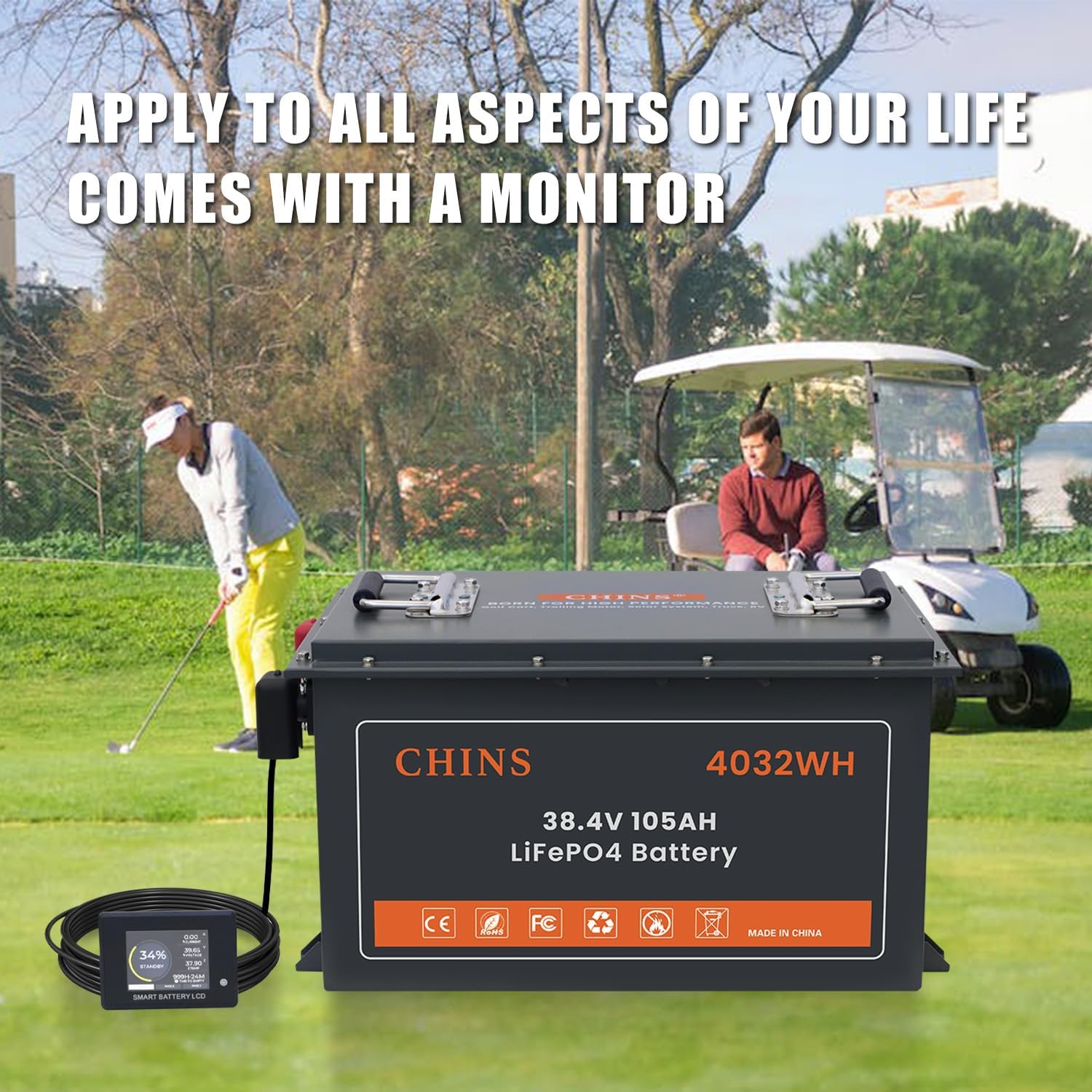 CHINS 36V Lithium Golf Cart Battery, 200A BMS - 1000A Peak Current, with Touch Monitor & Mobile APP, 4000+ Cycles 36V 105AH Lithium Battery with 25A Charger, Perfect for Golf Carts, Trolling Motor