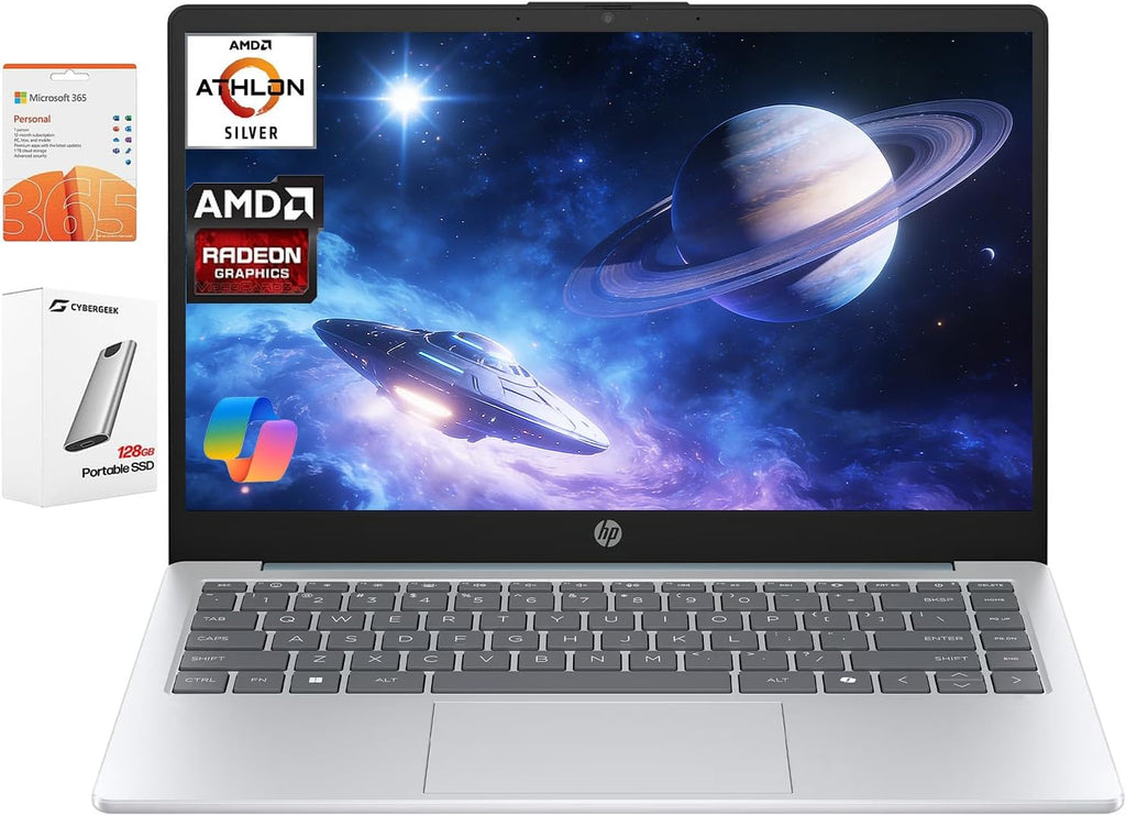 HP 14 inch Laptop with 1-Year Office 365, 14' HD Anti-Glare Display, AMD Athlon Processor(up to 3.5GHz), 4GB RAM, 128GB SSD + 128GB Portable SSD, Copilot PC, Long Battery Life, WiFi 6, Win 11 Pro